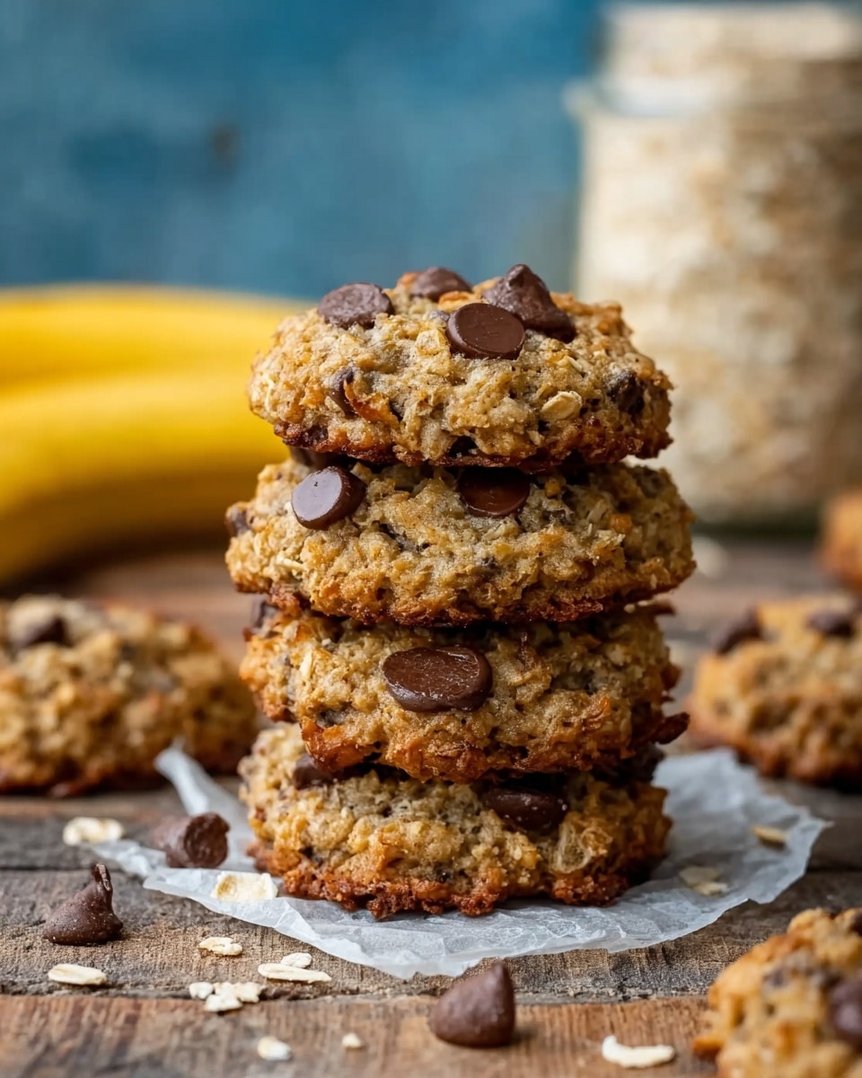 A stack of four chunky oatmeal cookies with scattered dark brown chocolate chips on top and around the base, sitting on a small piece of crinkled white parchment on a rough wooden surface. The cookies have a rough texture with visible oats and chocolate chips, and are golden brown with some darker baked edges. In the background, there are a few more cookies slightly out of focus, some yellow bananas, and a large glass jar filled with oats, all set against a soft blurry deep blue area and wood tones. photo taken with an iphone --ar 4:5 --v 7