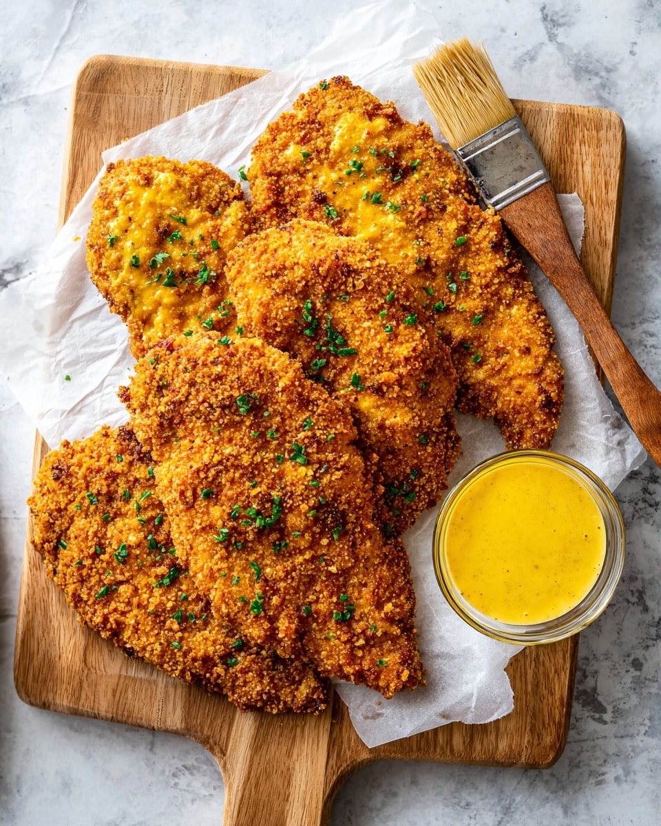 Four pieces of crispy breaded chicken are placed overlapping each other on a white parchment paper on top of a wooden cutting board, each piece golden brown with a textured crunchy coating and sprinkled with small green herb bits. To the right, a small clear glass bowl holds a smooth yellow dipping sauce with a wooden brush resting inside. The wooden board sits on a white marbled surface. Photo taken with an iphone --ar 4:5 --v 7