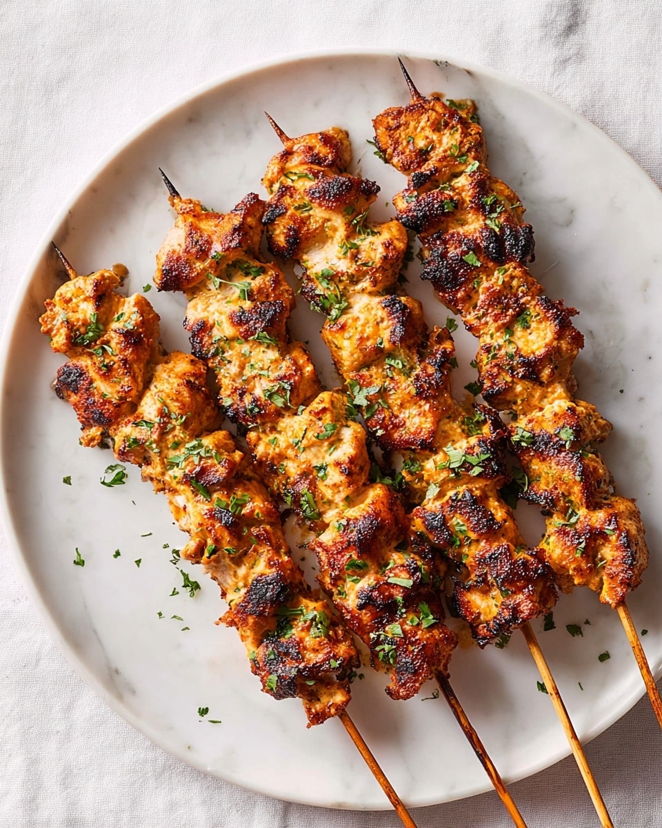 Five wooden skewers lie side by side on a white marbled surface, each loaded with several pieces of grilled chicken. The chicken pieces have a golden brown color with darker charred spots, showing a textured, slightly rough grilled surface. Small green herb leaves are sprinkled generously over the chicken and the white marbled background, adding a fresh contrast to the warm meat colors. The skewers are arranged nearly parallel, filling the frame closely with no extra items visible. Photo taken with an iphone --ar 4:5 --v 7