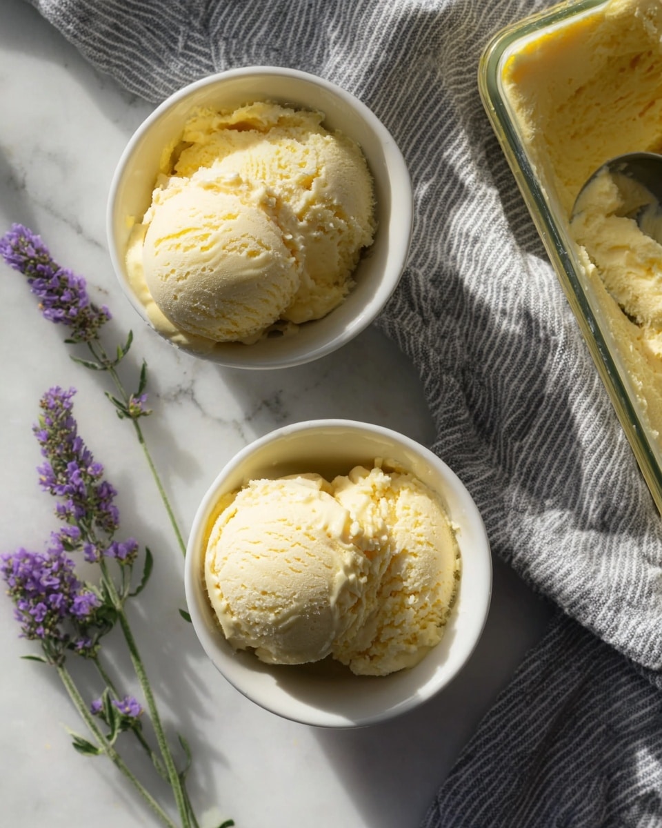 The image shows two white small bowls placed on a gray and white striped cloth over a white marbled surface. Each bowl contains two scoops of light yellow ice cream with a slightly rough texture and some shiny, smooth spots. To the right, a glass container with more of the same ice cream is partially visible, showing smooth, creamy edges and an ice cream scoop inside. On the left side of the image, two small sprigs of purple flowers lie on the cloth. The scene is lit by natural light creating soft shadows. Photo taken with an iphone --ar 4:5 --v 7