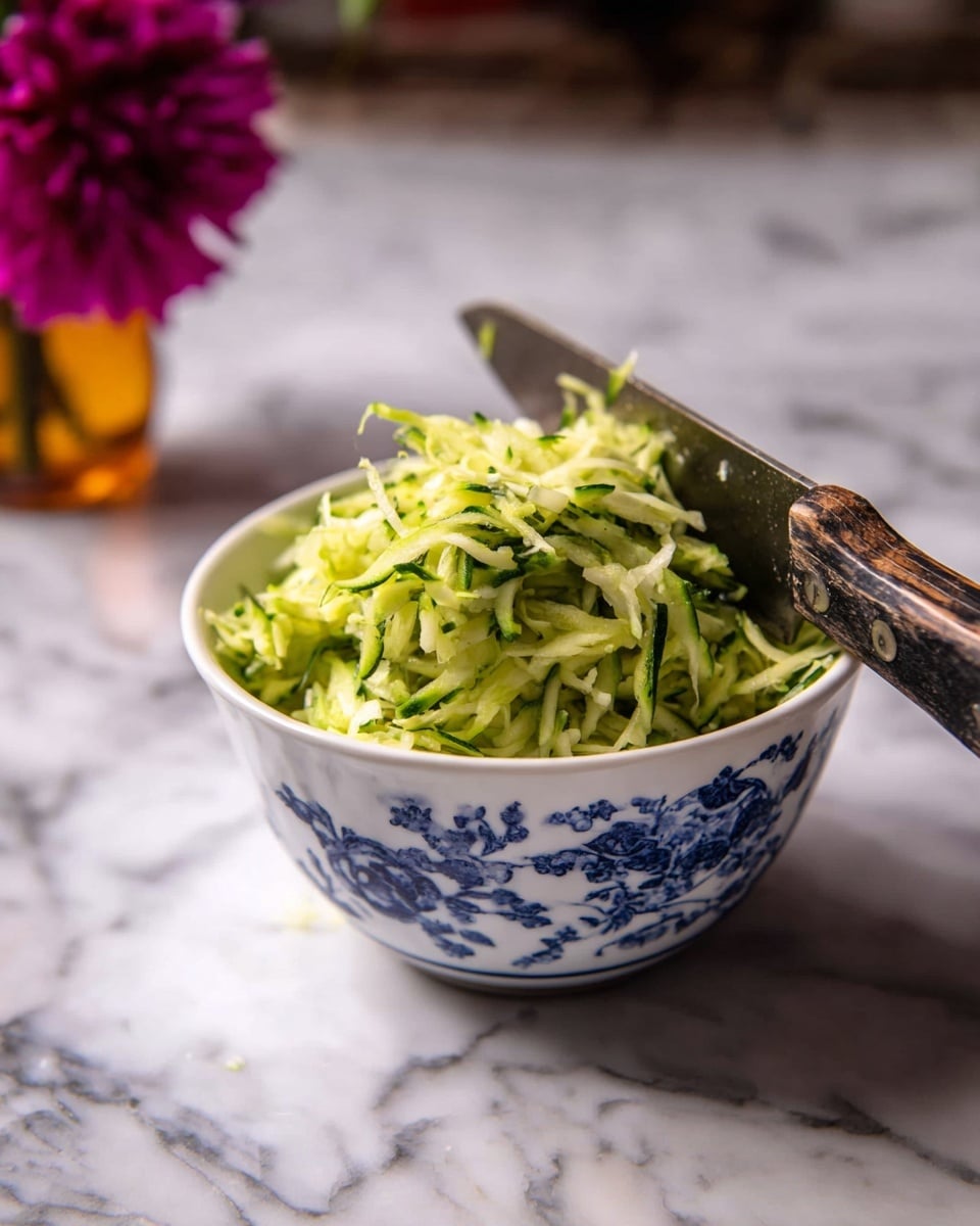 A white bowl with blue floral patterns is filled with a pile of shredded green zucchini strands that have a fresh, slightly moist texture, overflowing above the bowl's edge. A large knife with a dark wooden handle rests diagonally on top of the zucchini, with the blade extending beyond the bowl. The bowl is placed on a white marbled surface. In the blurred background, there is a dark pink flower in a small amber vase. photo taken with an iphone --ar 4:5 --v 7