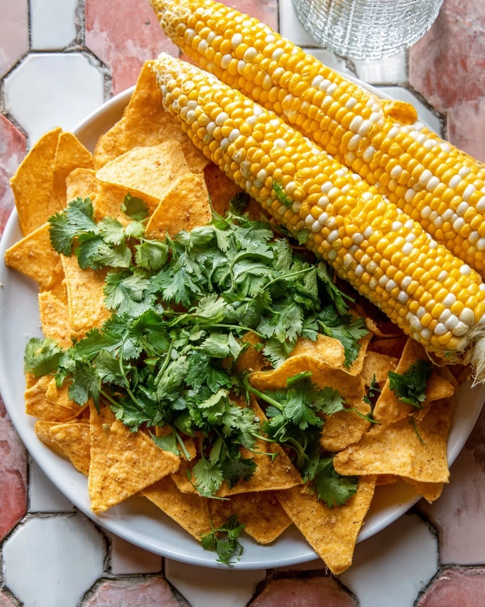 A white plate filled with golden yellow triangular corn chips spread in a loose pile as the base layer, topped by bright green fresh cilantro leaves scattered unevenly over the chips. On top of the cilantro and chips are two ears of sweet corn with yellow and white kernels placed slightly angled to the right side of the plate. A few cilantro leaves rest gently on the corn, adding a fresh touch. The plate is set on a white marbled surface with pinkish-gray tiles surrounding it, and a clear textured glass is seen near the top edge. Photo taken with an iphone --ar 4:5 --v 7