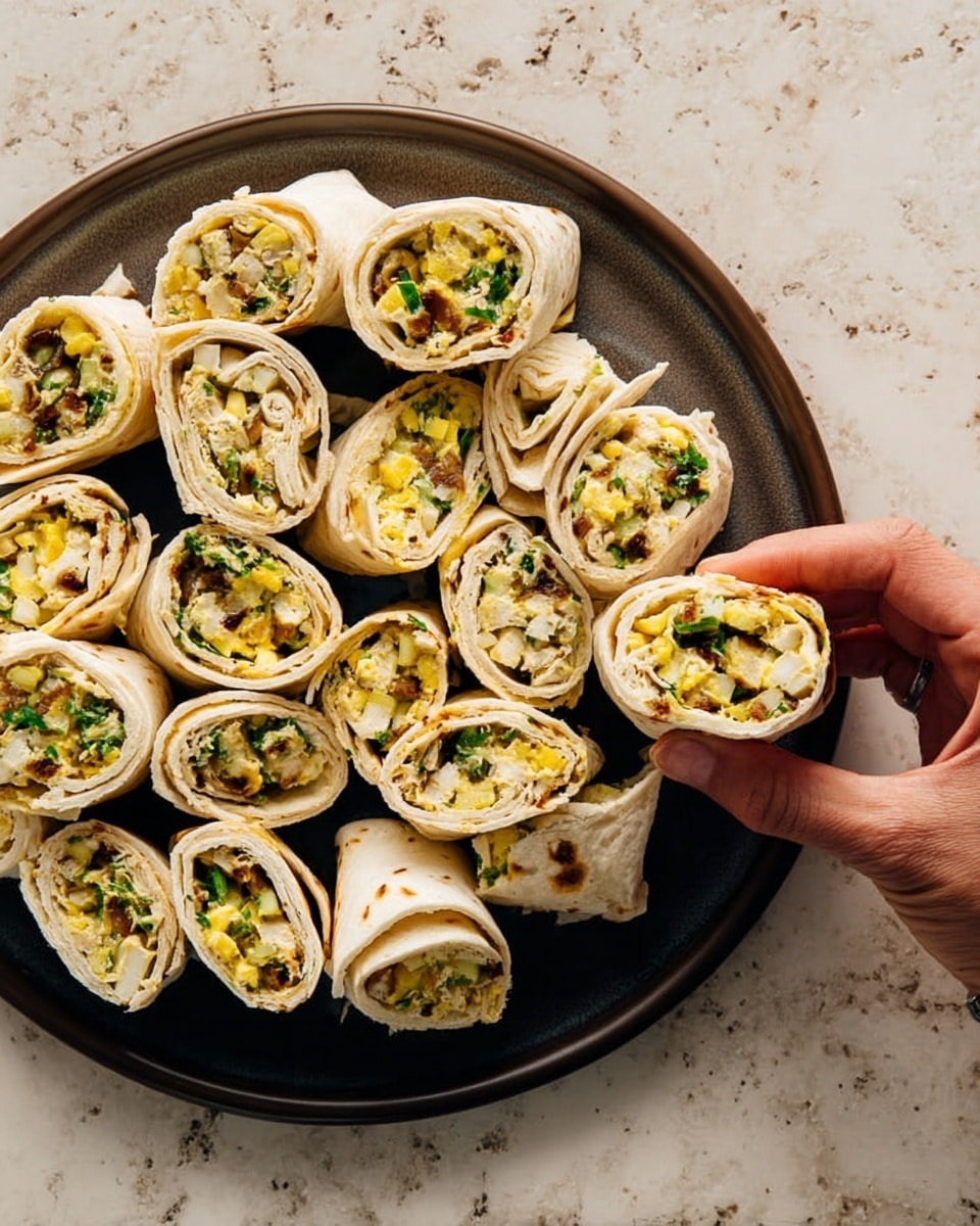 The image shows a dark brown plate filled with many rolled wraps cut into small pieces. Each wrap has three visible layers: a soft white tortilla on the outside, a middle layer of light yellow diced vegetables, and an inner filling of green herbs mixed with small brown bits. The wraps have a rough texture and are tightly rolled. A woman's hand reaches in from the right side, holding one of the wrap pieces. The background is a white marbled texture. Photo taken with an iphone --ar 4:5 --v 7