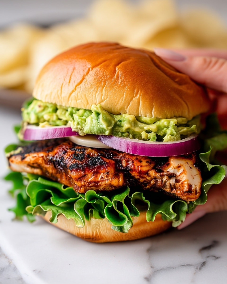 A close-up of a chicken sandwich with four main layers inside a soft shiny golden brown bun. The bottom layer is fresh green lettuce with ruffled edges, sitting on a white marbled surface. On top of the lettuce is a well-cooked piece of grilled chicken with a dark brown charred texture. Above the chicken is a thick layer of bright green mashed avocado spread evenly. The next layer has two thick slices of purple-red onion and one slice of white onion. The sandwich is held by woman's hand on the right side and there are light-colored potato chips blurred in the background. Photo taken with an iphone --ar 4:5 --v 7