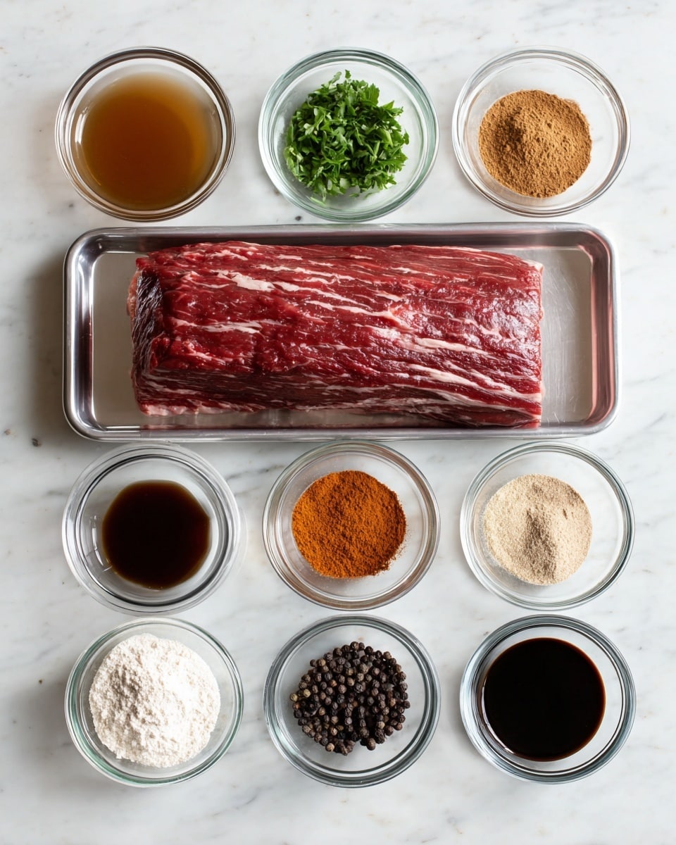 A large rectangular piece of raw red meat with white marbling and fat on top sits in the center on a small metal tray. Above it, there are ten small round clear glass bowls arranged in two rows of five on a white marbled surface. Each bowl holds different ingredients: the top row has brown broth, chopped green herbs, bright orange-red spice powder, light brown sugar, and a dark brown sauce. The bottom row has white flour, white coarse salt, thick dark brown sauce, dark soy sauce, and whole black peppercorns. The overall setup is neat and clean. photo taken with an iphone --ar 4:5 --v 7