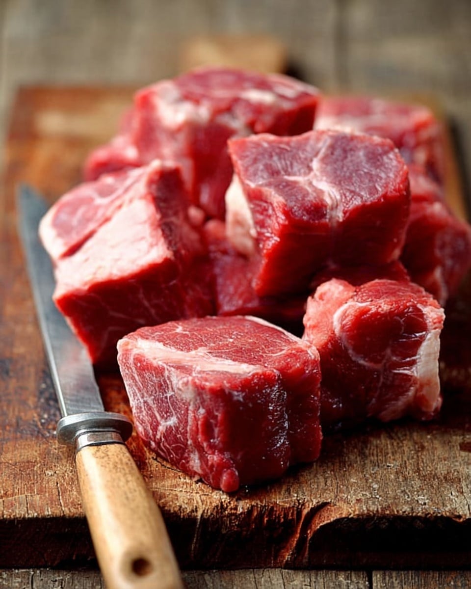 The image shows several thick, raw red meat cubes with white fat marbling, placed closely together on a rough wooden cutting board. The meat pieces vary in size but are generally large and chunky, showcasing a fresh, moist texture. To the right, there is a large knife with a wooden handle resting flat on the cutting board. The background consists of a blurred, muted setting that puts full focus on the meat and the knife. photo taken with an iphone --ar 4:5 --v 7