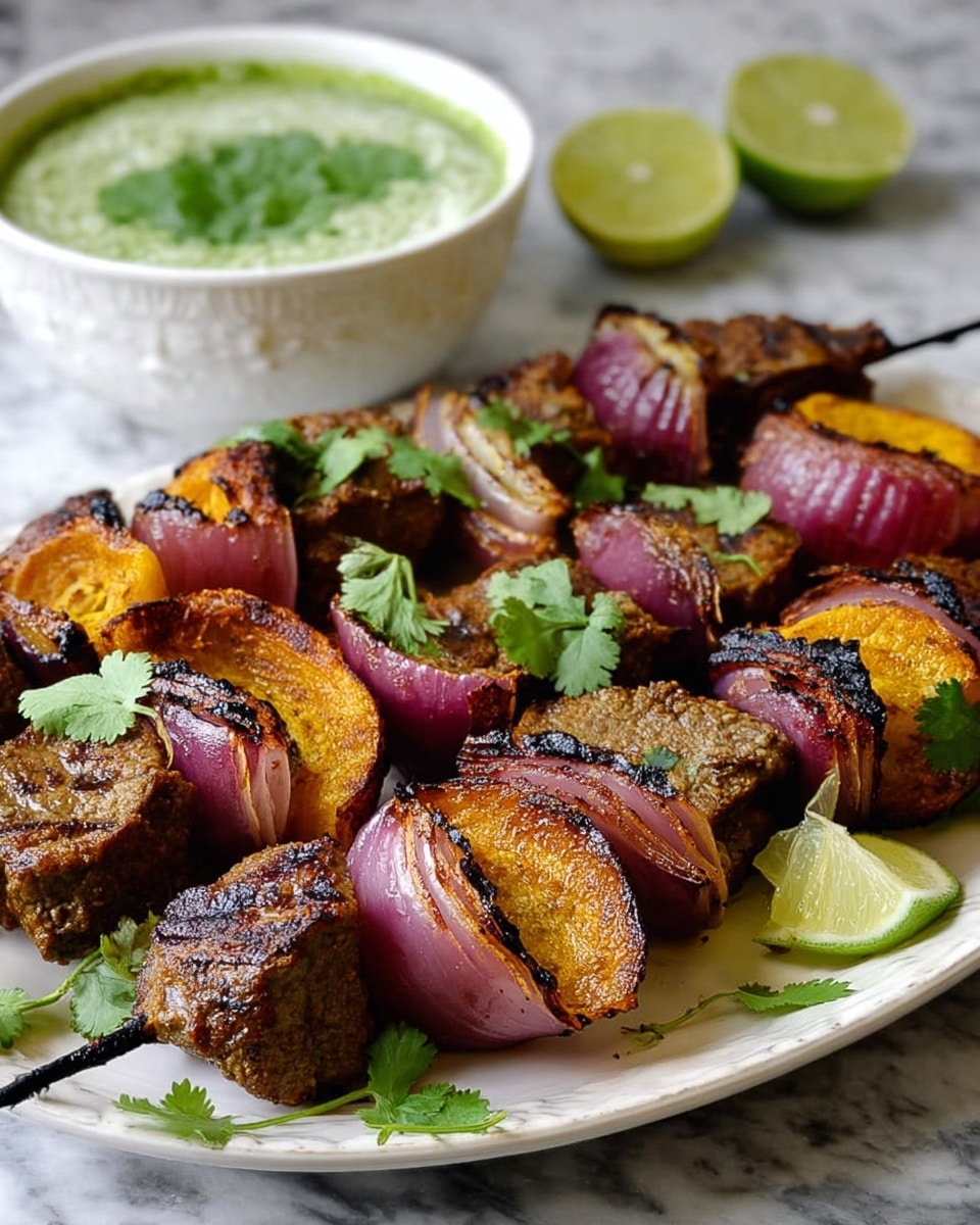 The image shows a white plate filled with skewers of grilled meat and sliced onions. Each skewer has several pieces of brownish-yellow grilled meat with charred marks, alternating with thick slices of orange and purple onion. The skewers are arranged in a circle, with bright green lime wedges placed between them as accents. Small green cilantro leaves are scattered over the dish for color. Behind the plate, there is a white bowl with a green herb sauce and cilantro garnish on top. The background is a white marbled surface. photo taken with an iphone --ar 4:5 --v 7