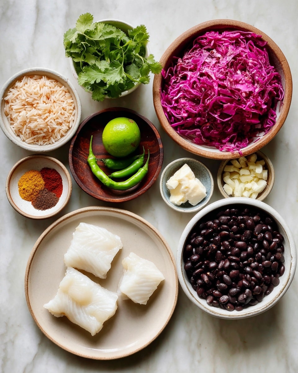 The image shows several small white bowls and one round beige plate placed on a white marbled surface. The beige plate near the bottom holds three pieces of white fish fillets. In a small brown bowl to the right of the fish, there is a creamy white cheese. To the upper right, a larger white bowl holds bright purple shredded cabbage. Below that, a medium white bowl is filled with black beans. To the left of the beans, a pair of green chili peppers and a halved lime sit inside a round dark wooden bowl. Above that, a small white bowl has a mix of spices in red, brown, and beige powders. On the far left side, a bowl with uncooked light brown rice sits next to another white bowl with fresh green cilantro leaves. Lastly, a very small white dish holds minced garlic. The scene is neat, colorful, and well-arranged, with a fresh and natural look, photo taken with an iphone --ar 4:5 --v 7