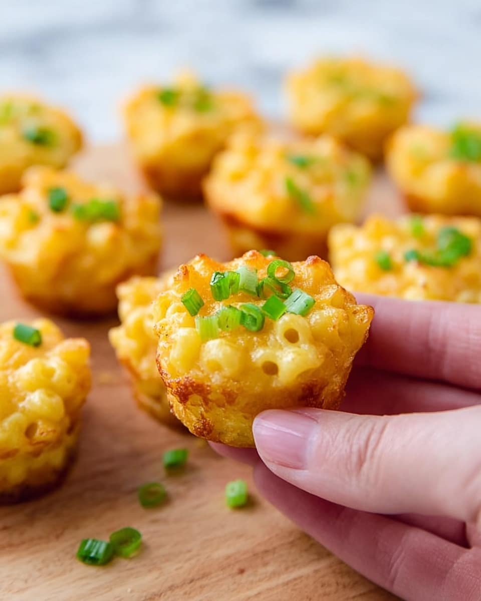 A woman's hand holds a small macaroni and cheese muffin with a golden, slightly crispy top sprinkled with bright green chopped scallions. Several similar muffins are arranged on a white marbled surface in the background, each with the same golden-yellow color and green scallion garnish, showing a bumpy, textured top from the pasta. The muffins are bite-sized and neatly shaped, with a baked, slightly browned crust at the base. photo taken with an iphone --ar 4:5 --v 7