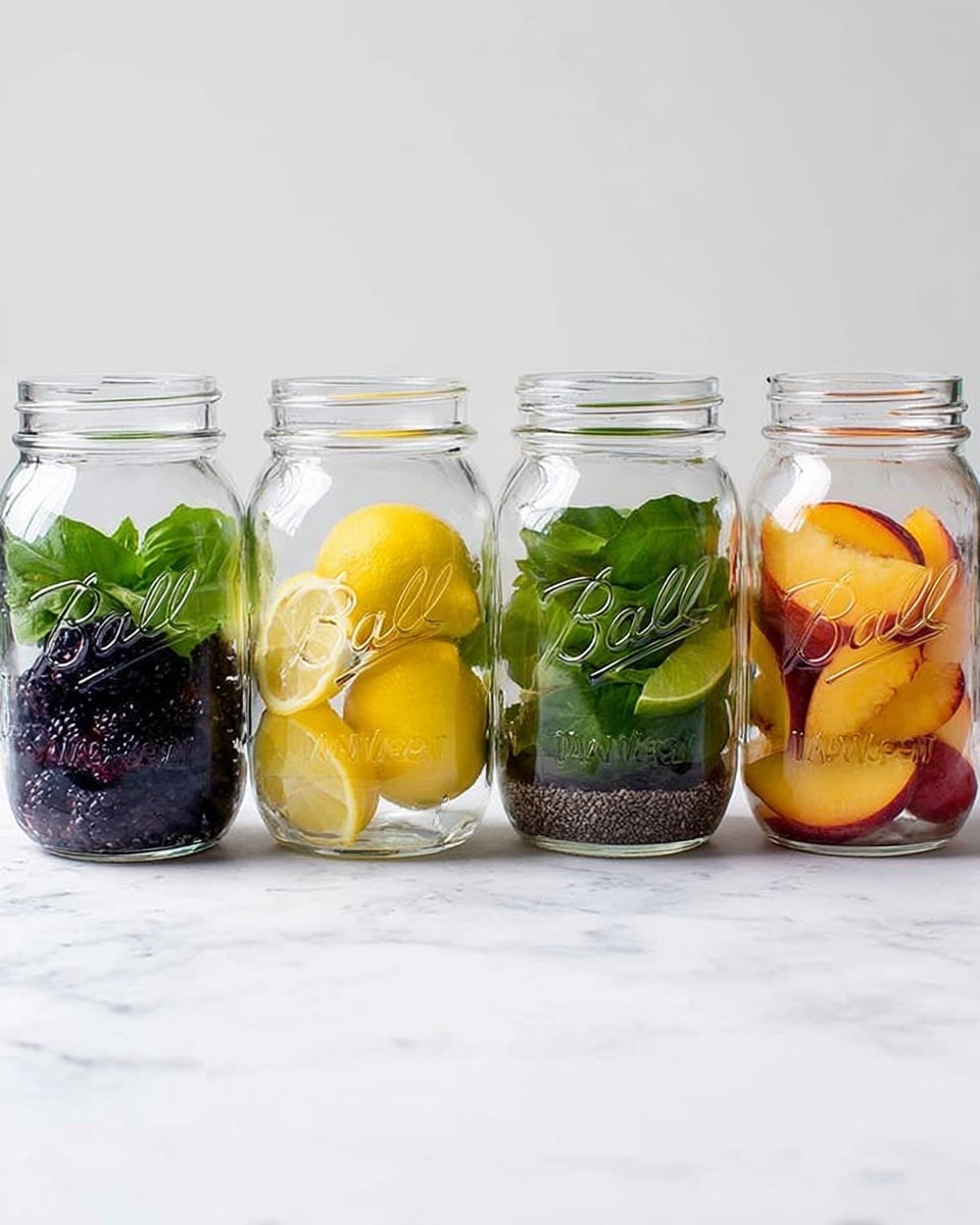 Four clear glass mason jars are lined up side by side against a white marbled background. Each jar contains different ingredients layered at the bottom— the first jar has a mix of blackberries, green leaves, and chia seeds in dark purple, green, and black colors. The second jar holds bright yellow lemon slices and fresh green leaves. The third jar features pieces of green lime and some darker seeds or spices. The fourth jar contains several peach or nectarine wedges in shades of orange and yellow, with a hint of red skin visible. The jars are empty above the layers, showing clear glass with the