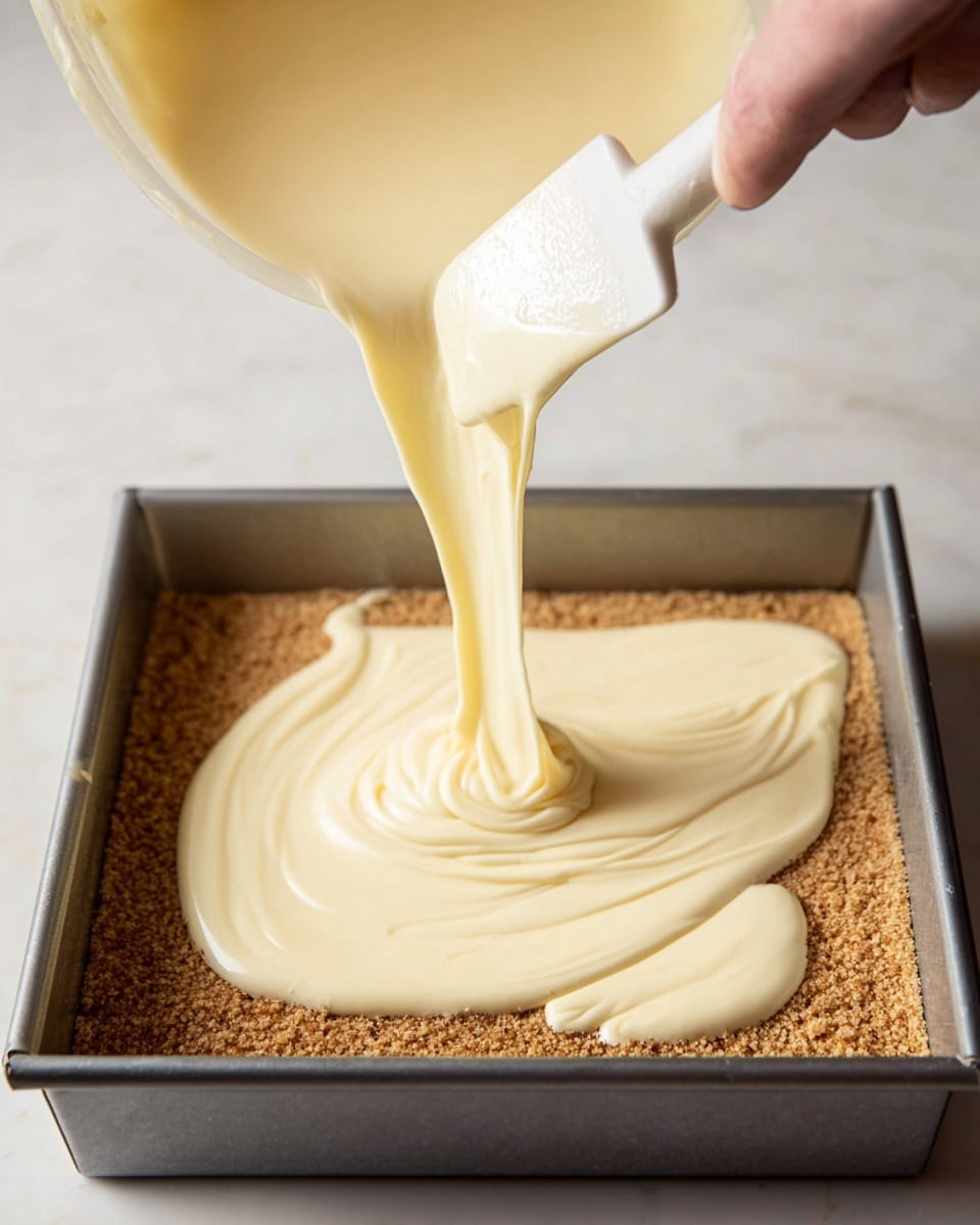 A thick pale yellow creamy mix is being poured from a bowl with a white spatula into a deep square baking pan filled with a flat, even layer of light brown crumbly base. The creamy mix cascades smoothly in a wide flow, forming gentle swirls as it settles over the brown base, covering it with a soft texture. The pan sits on a white marbled surface, and a woman's hand holds the spatula, guiding the cream down. Photo taken with an iphone --ar 4:5 --v 7