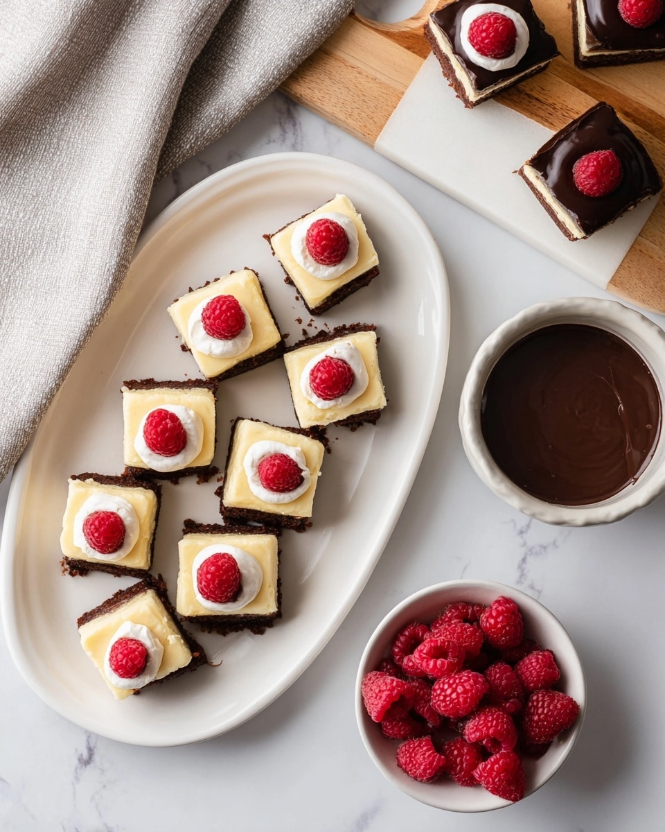 The image shows a white oval plate with ten square layered desserts arranged in neat rows. Each dessert has a dark brown base layer topped with a thick cream-colored layer. Five of the squares have a dollop of white cream with a red raspberry on top, while the other five squares are covered with a shiny dark chocolate layer and also have a red raspberry on each. To the top right, a dessert with a chocolate layer and raspberry sits on a white wooden board next to a small white bowl filled with smooth dark chocolate on a small white saucer. A small white bowl filled with fresh red raspberries is at the bottom right of the frame, all placed on a white marbled surface with a light gray cloth draped at the top left. photo taken with an iphone --ar 4:5 --v 7