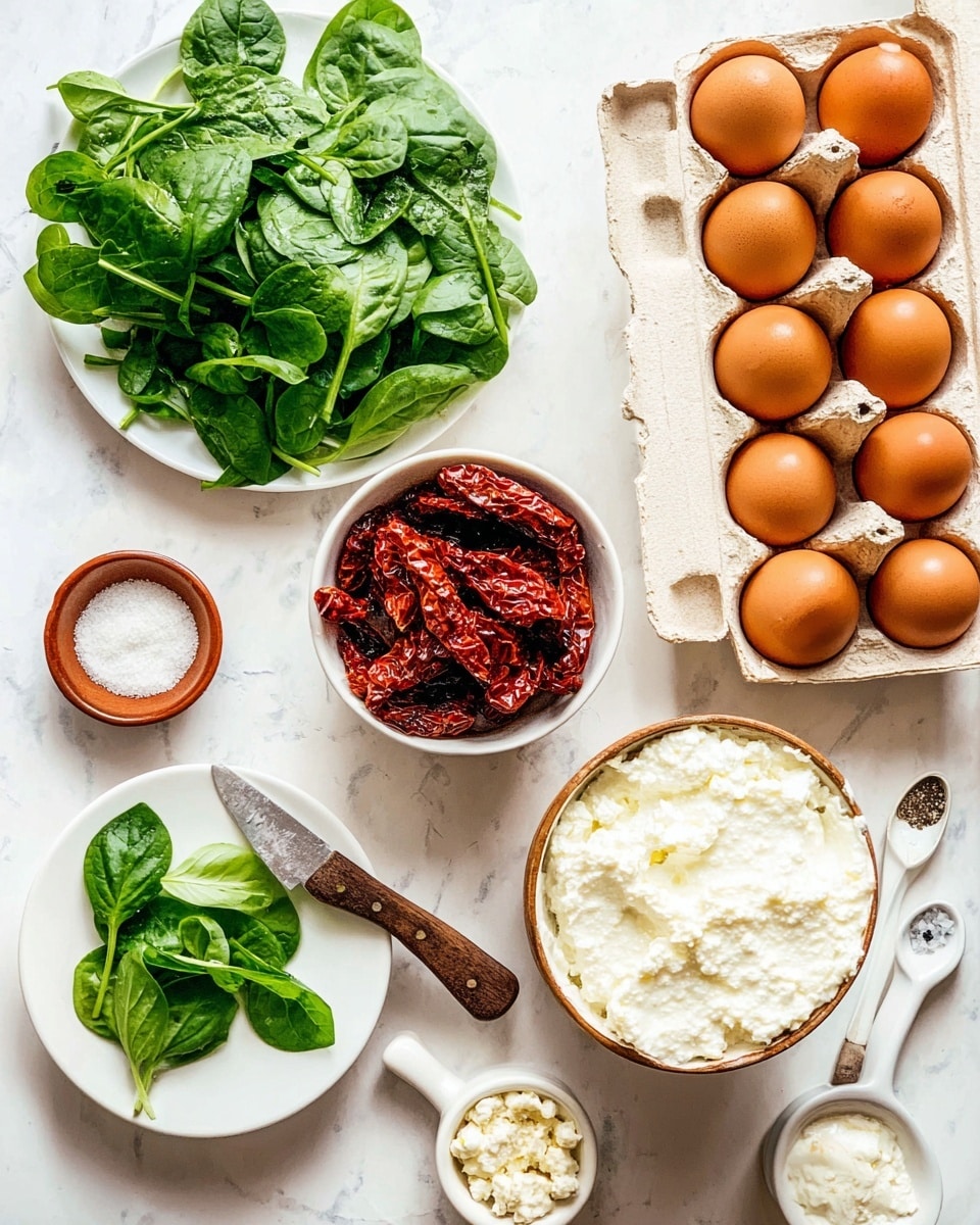 The image shows fresh food ingredients arranged neatly on a white marbled surface. There is a white plate full of fresh green spinach leaves at the top left and a white bowl with dark red sun-dried tomatoes in the center. To the right, there is a cardboard egg carton holding brown eggs. Below the sun-dried tomatoes is a large bowl with white cottage cheese or ricotta. At the bottom left, a white plate holds sliced green basil leaves and a knife with a wooden handle, while a small brown bowl with some white crumbly cheese sits nearby. Two white ceramic spoons hold salt and black pepper next to the cheese. The setting is bright and clean, with fresh and natural colors. Photo taken with an iphone --ar 4:5 --v 7