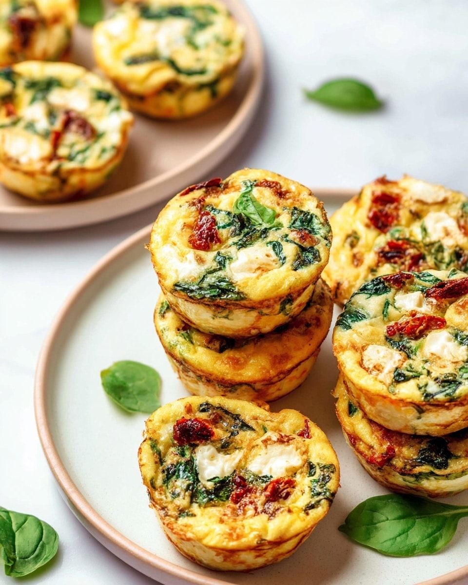 The image shows several small round egg muffins arranged on white plates and a light peach plate, all placed on a white marbled surface. Each muffin has a slightly golden, cooked egg base with visible layers of bright green spinach leaves and dark red sun-dried tomato pieces embedded throughout. The texture looks soft yet firm, with some melted white cheese spots scattered on top. The muffins are stacked closely together in small groups, and around them are fresh green basil leaves adding a pop of color to the scene. photo taken with an iphone --ar 4:5 --v 7