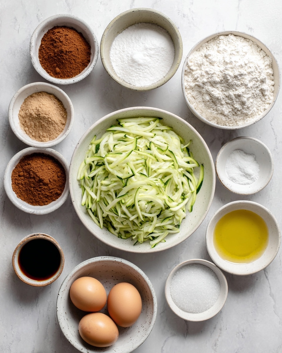 The image shows several small bowls and two eggs on a white marbled surface. In the center is a white bowl filled with shredded green zucchini, showing thin, even strips with a fresh texture. Surrounding it are bowls containing white flour, brown cinnamon powder, granulated white sugar, white baking soda, salty white salt, and a small bowl with a clear yellow liquid, likely oil. Two whole eggs rest directly on the surface near a small container of dark liquid, probably vanilla extract. Everything is laid out neatly and evenly spaced, creating a clean and organized look. Photo taken with an iphone --ar 4:5 --v 7