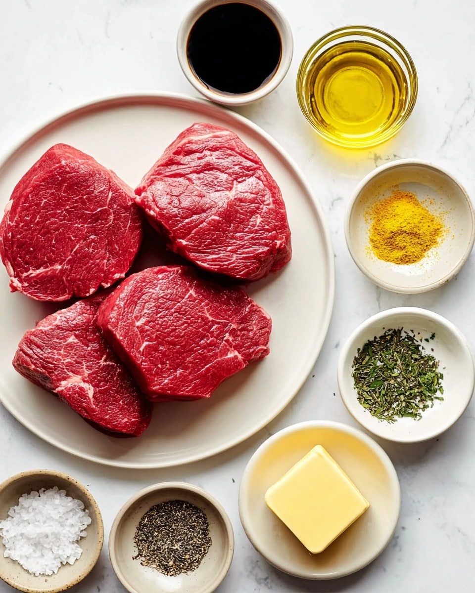 The image shows four raw red steaks with a smooth, moist texture, placed on a large white plate at the center. Surrounding the plate are six small white dishes and bowls arranged neatly on a white marbled surface. Each small dish holds different ingredients: coarse salt with white crystals, coarse black pepper, dried green herbs, bright yellow powder, dark soy sauce in a beige bowl, a small glass filled with a clear golden oil, and a small white plate with a square of light yellow butter. The overall setup is clean and bright with a clear view of each element. Photo taken with an iphone --ar 4:5 --v 7
