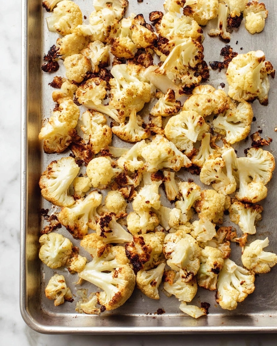 The image shows a silver metal baking tray filled with roasted cauliflower pieces spread evenly across the tray. The cauliflower is golden brown with some charred dark brown spots, showing a crisp texture. The pieces vary in size, with some small florets and others larger, all having an off-white color with browned edges. The background surface is a white marbled texture. photo taken with an iphone --ar 4:5 --v 7