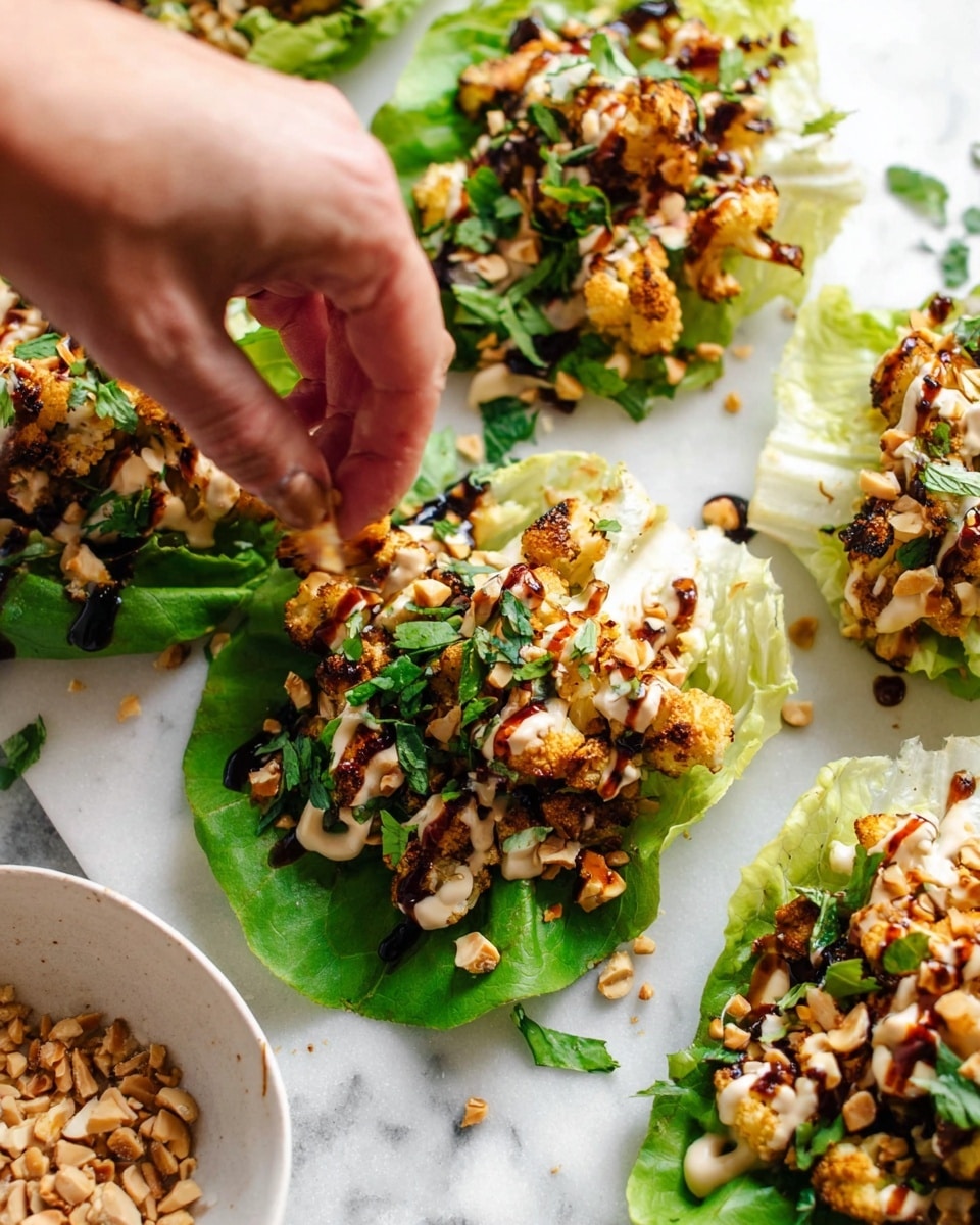 The image shows several green lettuce leaves used as cups, each filled with a mix of roasted cauliflower pieces that are golden brown with some charred edges. The cauliflower is topped with a drizzle of light beige creamy sauce and a dark balsamic-like glaze, along with chopped fresh green herbs and crushed nuts sprinkled on top. A woman's hand is reaching to pick one up from a white marbled surface where the lettuce cups are arranged. There is also a white bowl with more crushed nuts in the lower left corner of the image. photo taken with an iphone --ar 4:5 --v 7