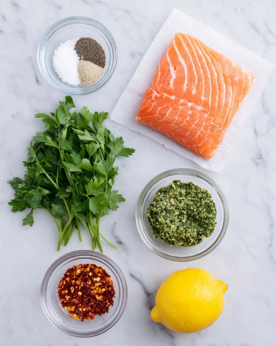 The image shows a clean white marbled surface with six ingredients neatly arranged in a grid. At the top right, there is a single large, light orange piece of salmon with white stripes resting on a white paper. To the top left, two small clear glass bowls contain white salt and black pepper, respectively. Below the salmon, a larger clear glass bowl holds a rough textured green paste. At the bottom left, a fresh bunch of bright green parsley lies flat, and next to it is a smaller bowl filled with red chili flakes. On the bottom right sits a whole bright yellow lemon, completing the simple, fresh ingredient layout. photo taken with an iphone --ar 4:5 --v 7