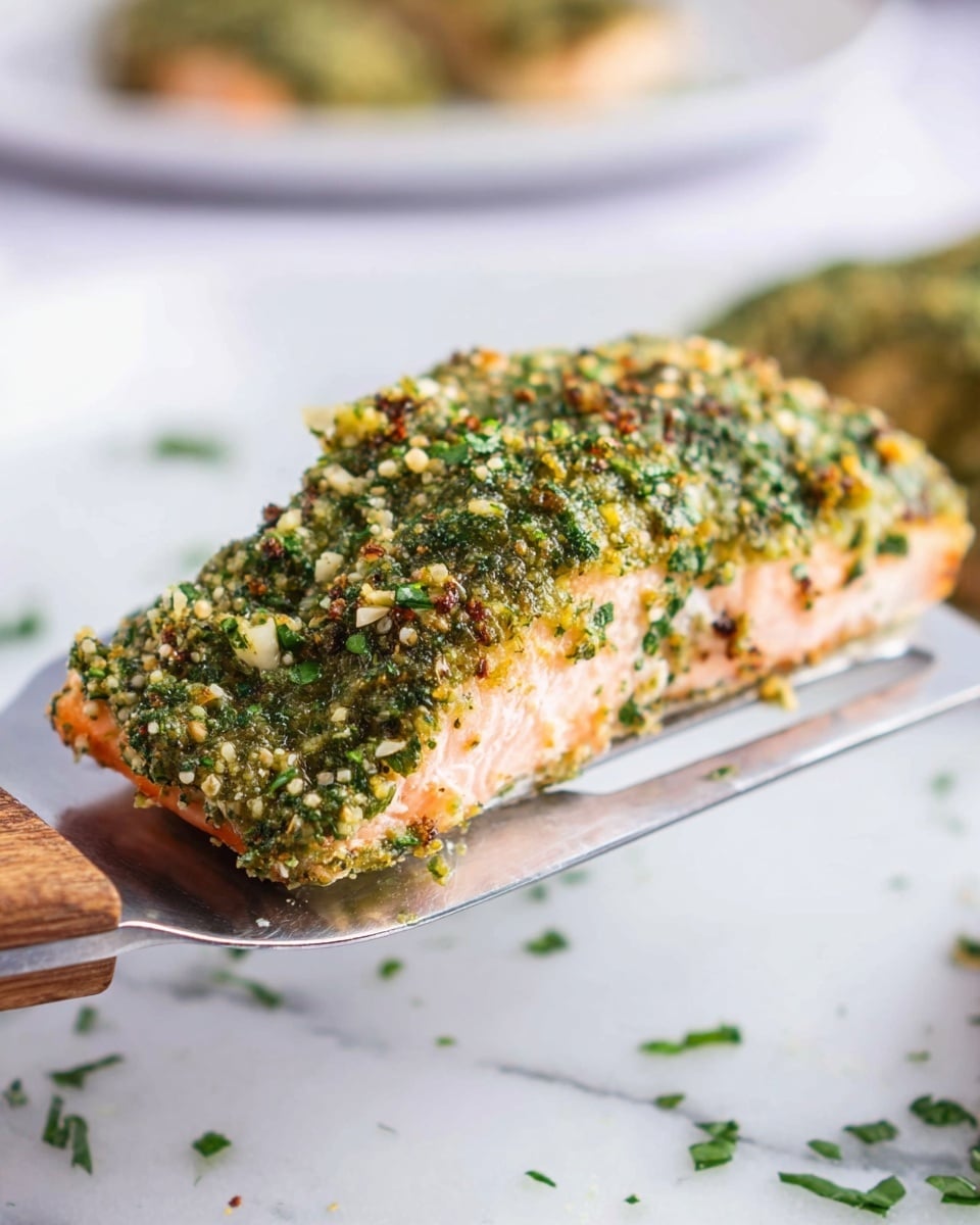 A close-up of a single salmon filet held on a metal spatula with a wooden handle, topped with a thick, bright green herb crust that looks coarse and slightly wet, made of finely chopped herbs and small seeds or nuts. Beneath the crust, the salmon is a light orange-pink color, cooked gently but still moist. The background shows a white plate with another piece of the herb-crusted salmon slightly out of focus, all on a white marbled surface with some scattered herbs around. photo taken with an iphone --ar 4:5 --v 7