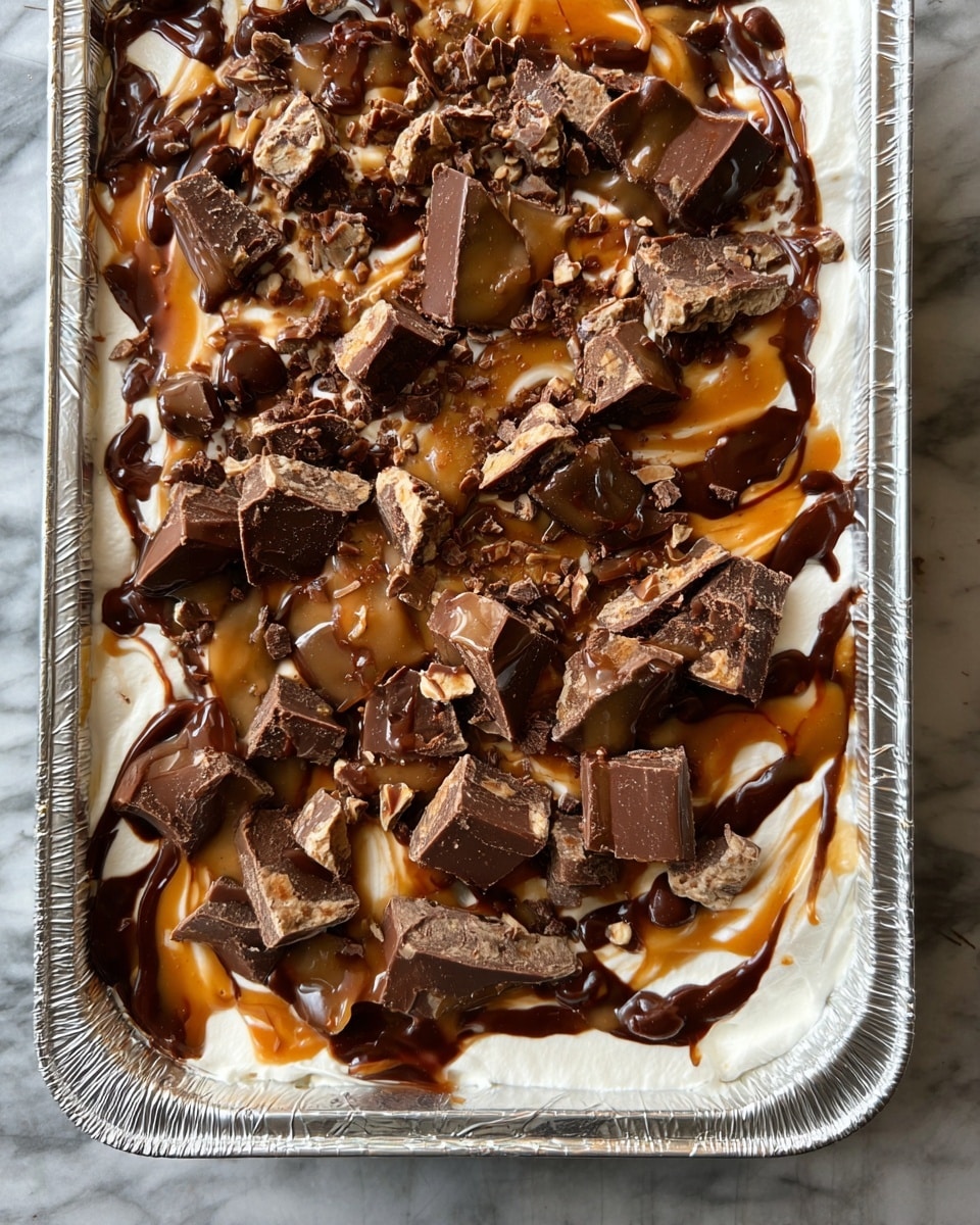The image shows a layered dessert in a silver foil tray on a white marbled surface. The base layer appears soft and creamy white, topped with swirls of rich, dark chocolate sauce and golden caramel sauce spread unevenly across the top. Large chunks and smaller bits of milk chocolate pieces with a nutty texture are scattered generously over the surface. The textures vary from smooth and creamy to chunky and crunchy, creating a visually rich mix of brown, white, and caramel colors. Photo taken with an iphone --ar 4:5 --v 7