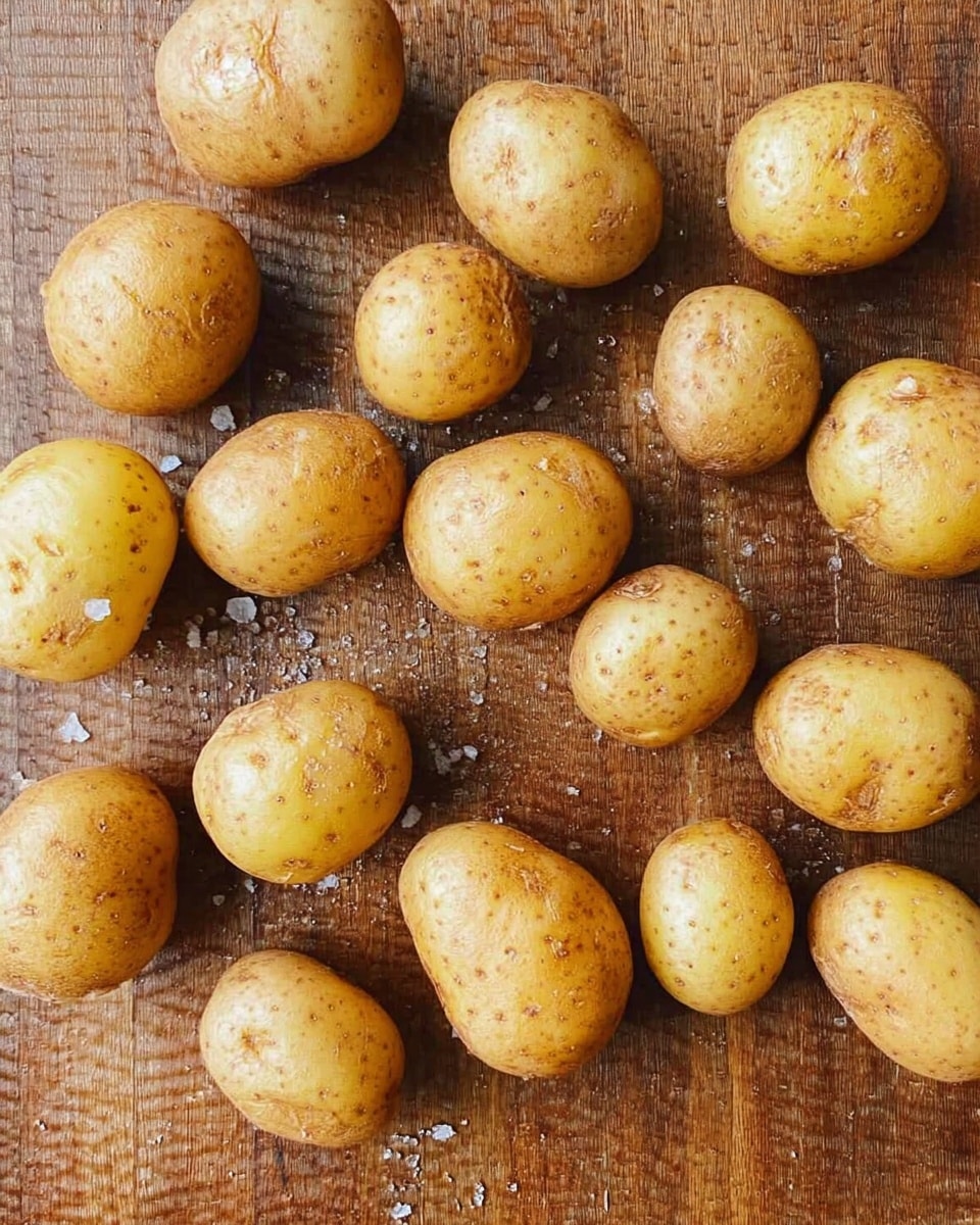 A group of small round potatoes with golden brown skins spread evenly on a wooden textured baking tray, some potatoes have a light sprinkle of coarse salt visible on their surface. The skins look smooth with tiny darker spots and a light shine from oil or moisture. No other items or layers are present, just the potatoes resting on the wood surface. photo taken with an iphone --ar 4:5 --v 7