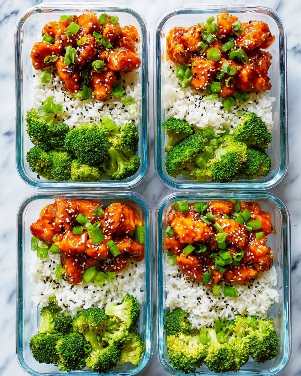 The image shows four clear rectangular containers each filled with three layers: bright green steamed broccoli at the bottom, fluffy white rice in the middle, and orange glazed pieces of chicken on top, garnished with chopped green onions and white and black sesame seeds. The containers are arranged in a 2x2 grid on a white marbled surface, with even portions in each container. The colors are vivid and the textures of the broccoli, rice, and saucy chicken are clear and distinct. photo taken with an iphone --ar 4:5 --v 7