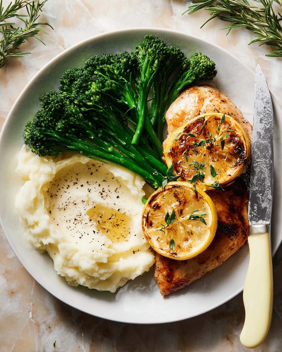 The image shows four grilled chicken pieces with browned and slightly charred skin placed on a white oval plate. Each chicken piece is topped with one or two thin lemon slices, some of which have grill marks, and garnished with fresh green rosemary sprigs. Around the chicken, there are more lemon slices adding bright yellow layers. The plate rests on a soft blue textured cloth on a white marbled surface. Nearby, there are silver forks, a small bowl with honey and a honey dipper, and extra rosemary sprigs scattered for decoration. photo taken with an iphone --ar 4:5 --v 7