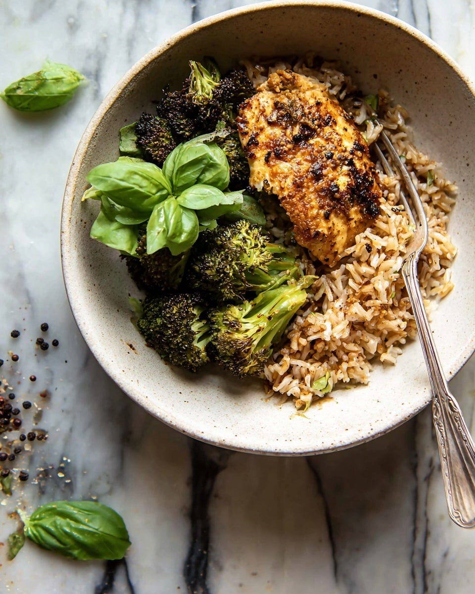 A white bowl holds three main layers: at the bottom is a bed of light brown rice mixed with small bits of spices, above it are two pieces of roasted broccoli, dark green with crisped edges, and on top sits one seasoned golden brown piece of chicken with a slightly crispy texture and small black pepper flakes. A small bunch of fresh bright green basil leaves rests on the rice beside the broccoli. A silver fork is placed inside the bowl, leaning on the rice near the broccoli. The bowl is set on a white marbled surface with scattered black pepper grains and a few green basil leaves nearby. Photo taken with an iphone --ar 4:5 --v 7
