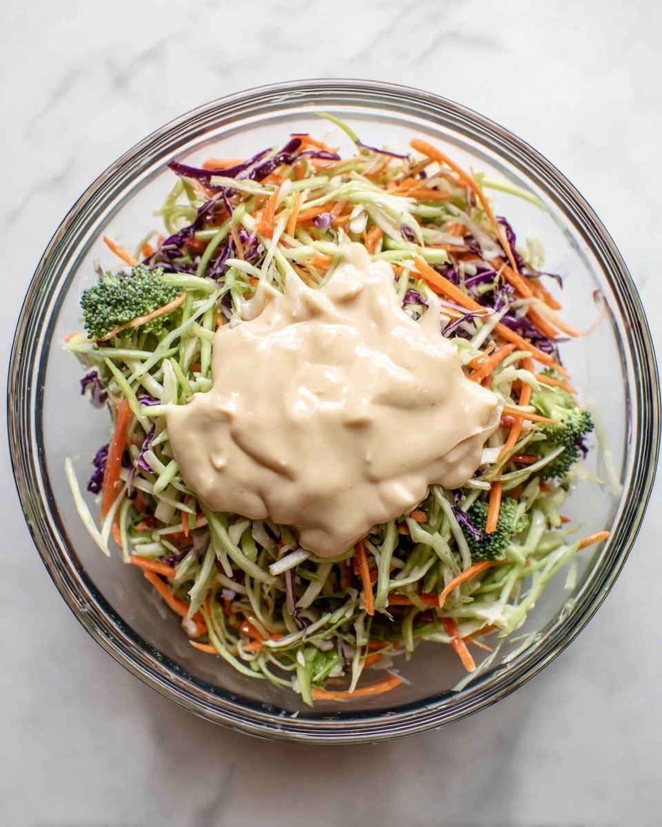 A clear glass bowl sits on a white marbled surface, filled with a colorful mix of shredded vegetables, including green broccoli stems, orange carrots, and small pieces of purple cabbage. On top of the shredded vegetables is a thick, creamy, pale beige dressing that spreads unevenly, covering a large part of the salad's center. The mix of colors and textures in the bowl shows fresh and crisp vegetable strands under the smooth dressing. photo taken with an iphone --ar 4:5 --v 7