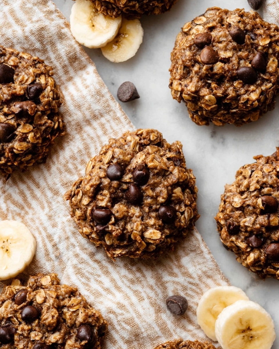 The image shows a group of round, chunky oatmeal cookies mixed with dark chocolate chips scattered across a white marbled surface. The cookies have a rough texture with visible oats and bits of banana or similar fruit pieces, giving them a natural, hearty look. Among the cookies, there are a few slices of banana adding a fresh yellowish-white contrast to the brown tones of the cookies. The cookies are placed on a light beige cloth with subtle stripes, adding softness to the scene. Photo taken with an iphone --ar 4:5 --v 7