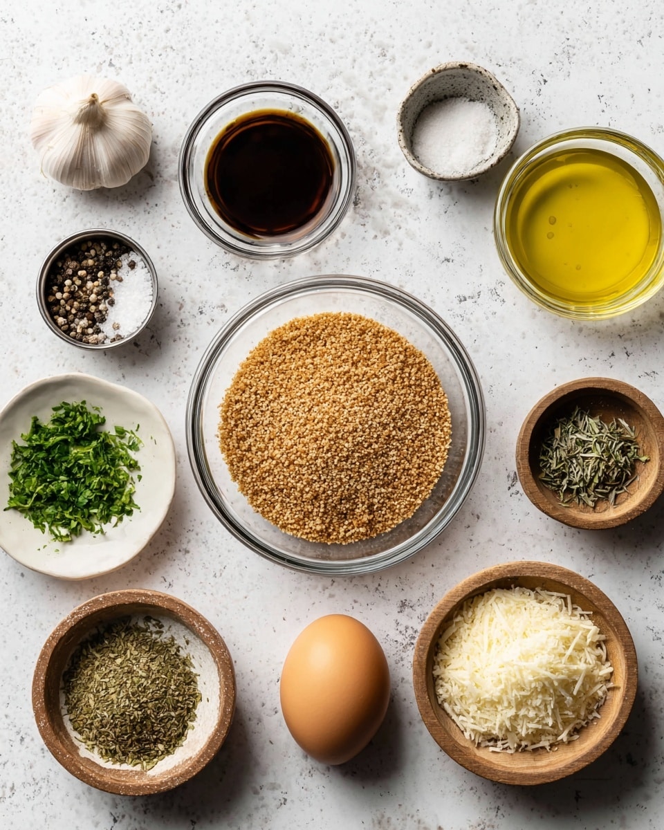 The image shows nine small bowls and one egg arranged neatly over a white marbled surface. At the center is a clear glass bowl filled with light brown breadcrumbs. Surrounding it clockwise are a clear glass bowl with dark brown liquid, a small metal bowl with a mix of coarse salt and pepper, two garlic cloves, a small white plate with chopped green herbs, a wooden bowl filled with yellow powder, a single brown egg, a small white plate with dried green herbs, a clear glass bowl with yellow olive oil, and a wooden bowl filled with grated white cheese. Each bowl’s texture varies from smooth liquids to powders and leafy herbs, all placed with even spacing photo taken with an iphone --ar 4:5 --v 7