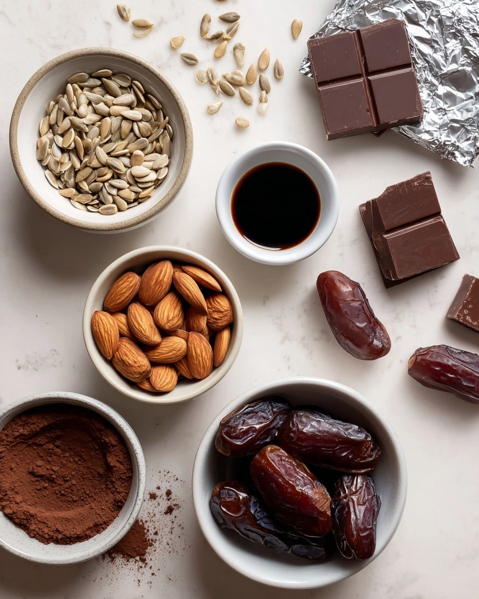 The image shows six small white bowls and containers placed on a white marbled surface. The top left bowl is filled with light beige sunflower seeds with some scattered outside the bowl. Below it, a bowl contains brown almonds, some of which are also scattered around. At the center top, there is a small white bowl filled with dark liquid, likely vanilla extract. Below and left, another bowl has dark brown cocoa powder. At the bottom right, a white bowl is full of dark brown dates, with a few dates outside on the surface. To the top right, several pieces of dark chocolate squares rest on a piece of opened silver foil. The image is well-lit and organized. photo taken with an iphone --ar 4:5 --v 7