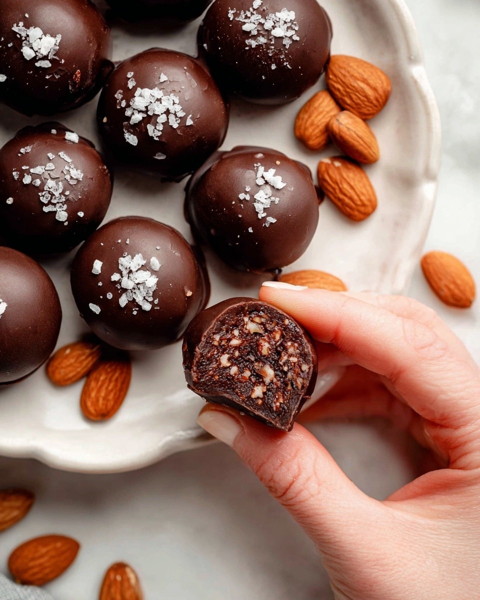 A close-up view of round chocolate balls with a smooth, dark brown outer layer, each topped with small flakes of sea salt. One chocolate ball is held by a woman's hand across the bottom right corner, showing the inside which has a dense, textured mixture of dark brown and bits of light tan. The chocolate balls rest on a white plate with a scalloped edge, surrounded by whole almonds. The background is a white marbled surface. Photo taken with an iphone --ar 4:5 --v 7