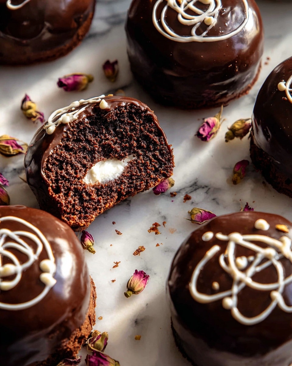 The image shows several round chocolate cakes with a shiny dark brown coating, each decorated on top with a white icing swirl pattern. One cake is broken open, revealing a moist dark chocolate inner cake layer filled with white cream, showing contrast between the dense cake and smooth cream inside. The cakes are placed on a white marbled surface with some scattered dried rosebuds and crumbs around. The lighting highlights the shine on the chocolate coating and the texture of the cake inside, adding a warm and inviting feel. Photo taken with an iphone --ar 4:5 --v 7