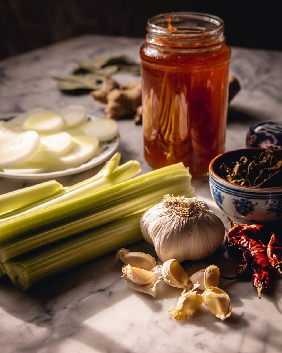 The image shows a group of ingredients placed on a white marbled surface. In the front right, there is a whole garlic bulb with some cloves separated around it, displaying a rough papery skin texture in cream and light brown shades. To the left, several bright green celery stalks with smooth, shiny textures lie parallel to each other. Behind the celery, thin slices of white onion with a delicate, translucent appearance are arranged on a white plate. Toward the back, there is a tall glass jar filled with a dark amber liquid, casting soft reflections. Near the jar, a small blue and white ceramic container holds dark, dried herbs or leaves. In the further background, dried red chili peppers and some pale yellow root pieces are scattered, slightly out of focus. The scene is warmly lit with soft shadows, highlighting the natural colors and textures of the ingredients. Photo taken with an iphone --ar 4:5 --v 7