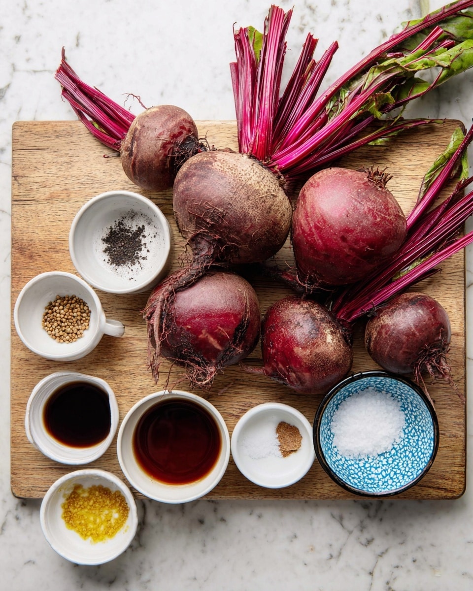 The image shows a white wooden board on a white marbled surface with seven beets of different sizes arranged from largest to smallest. The beets are round, with rough, reddish-purple skin and greenish-red stems attached to some. To the right of the beets, there are six small white bowls, each holding different spices and liquids: black peppercorns, dark brown liquid, coarse salt, yellow mustard seeds, a patterned blue and white bowl with a few seeds inside, and a bowl filled with white granulated substance. The lighting is bright and soft, highlighting the natural colors and textures of the beets and bowls. Photo taken with an iphone --ar 4:5 --v 7