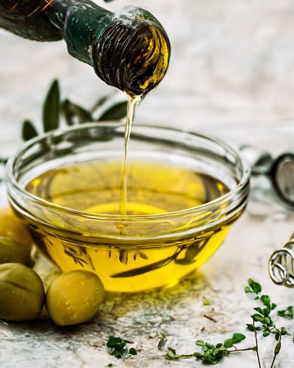 A clear glass bowl filled with golden yellow olive oil, with a few small green herbs floating inside. A dark bottle is pouring the oil into the bowl from above. Next to the bowl, on a white marbled surface, there are three green olives resting close by. Kitchen tools including a small metal strainer and a metal spring whisk lie near the bowl, slightly out of focus in the background. photo taken with an iphone --ar 4:5 --v 7