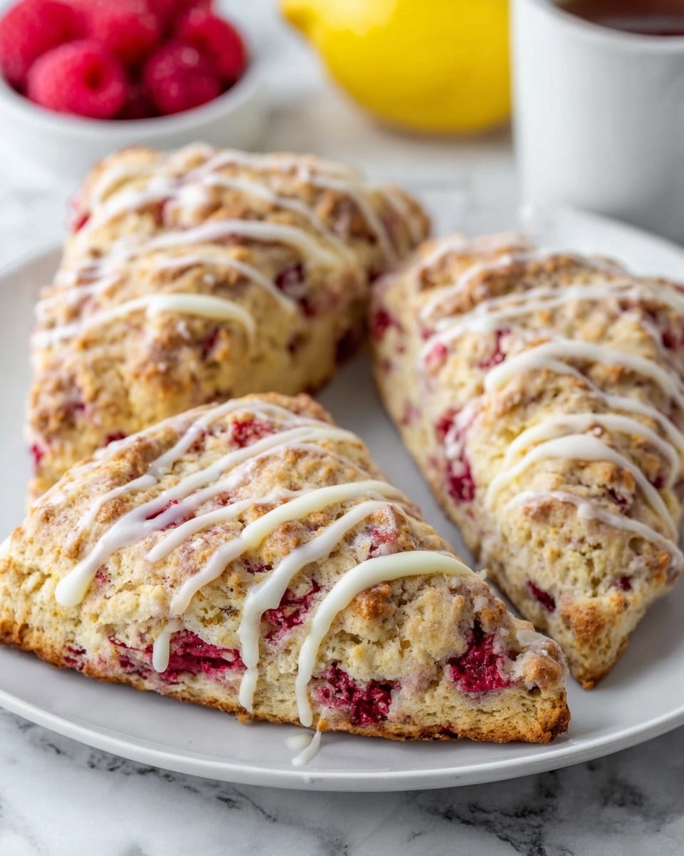 The image shows three triangular scones on a white plate placed on a white marbled surface. Each scone has a rough, crumbly texture and is light golden brown with visible pieces of red raspberry embedded in the dough. White icing is drizzled in thin lines across the top of each scone, adding a glossy contrast to the rough texture. In the background, there is a blurred cut lemon and a small bowl of red raspberries, adding bright yellow and red colors to the setup. photo taken with an iphone --ar 4:5 --v 7