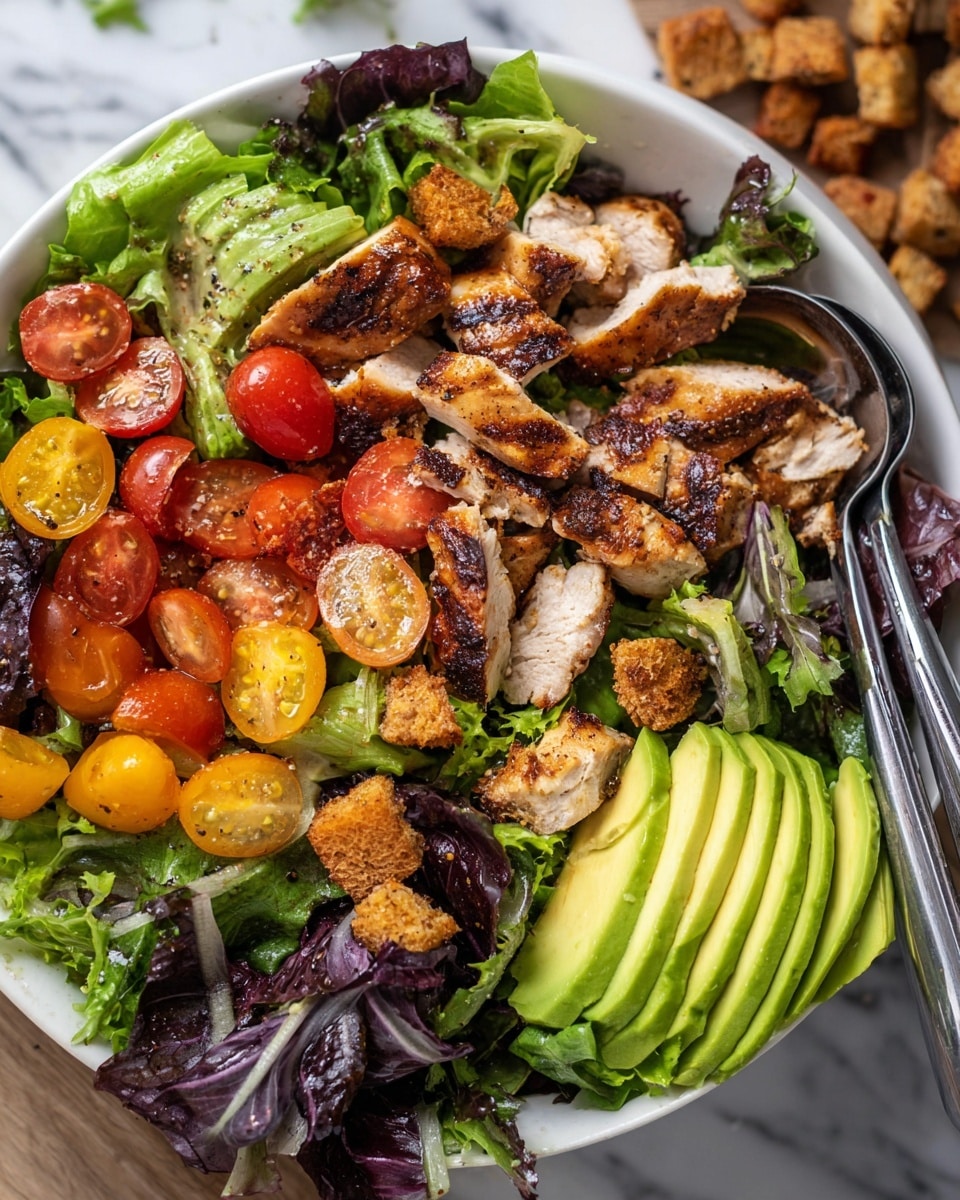 A white bowl filled with a fresh salad on a white marbled surface, showing three main layers: the bottom layer is fresh green and purple lettuce leaves with a crisp texture, the middle layer has halved red and yellow cherry tomatoes mixed throughout, and the top layer holds medium-sized grilled chicken pieces with brown grill marks and a few crunchy golden croutons scattered around. On one side of the bowl, there are smooth, sliced avocado layers, neatly fanned out with a pale green color. Two metal salad tongs rest inside the bowl. Photo taken with an iphone --ar 4:5 --v 7