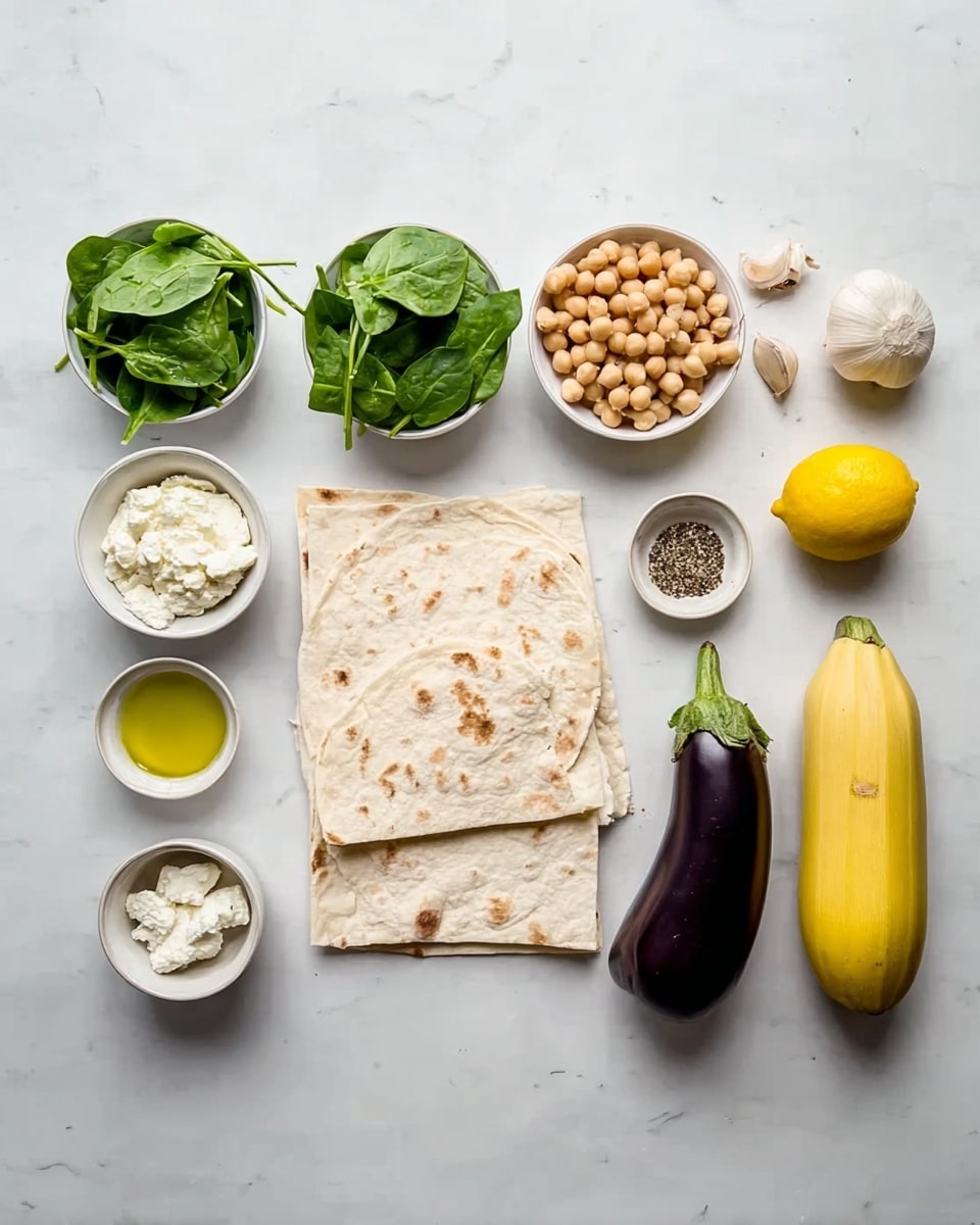 The image shows ingredients neatly arranged on a white marbled surface in a grid layout. On the left side, there are six small white bowls containing fresh green spinach leaves, fresh green herbs, soft white cheese, cream cheese, olive oil, and chickpeas. To the right side, there are two square white flatbreads laid one on top of the other, next to two yellow squash, a whole purple eggplant, a small lemon, two cloves of garlic, and small bowls of pepper and salt. Everything is cleanly placed with clear spacing between each item. Photo taken with an iphone --ar 4:5 --v 7