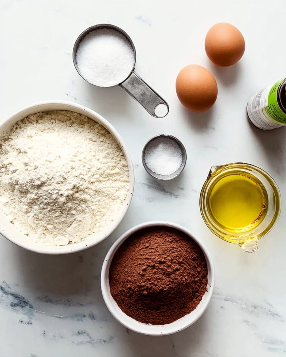 The image shows baking ingredients neatly placed on a white marbled surface. From left to right, there is a large white bowl filled with granulated sugar, a small white bowl with salt, a metal measuring cup filled with white flour, and another metal measuring cup filled with brown cocoa powder. Near the center right, there are two brown eggs next to a clear glass measuring cup filled with golden oil. In the far right background, a small dark bottle with a green label is slightly visible. The colors include white, brown, clear glass, and gold tones with a clean and bright look. Photo taken with an iphone --ar 4:5 --v 7