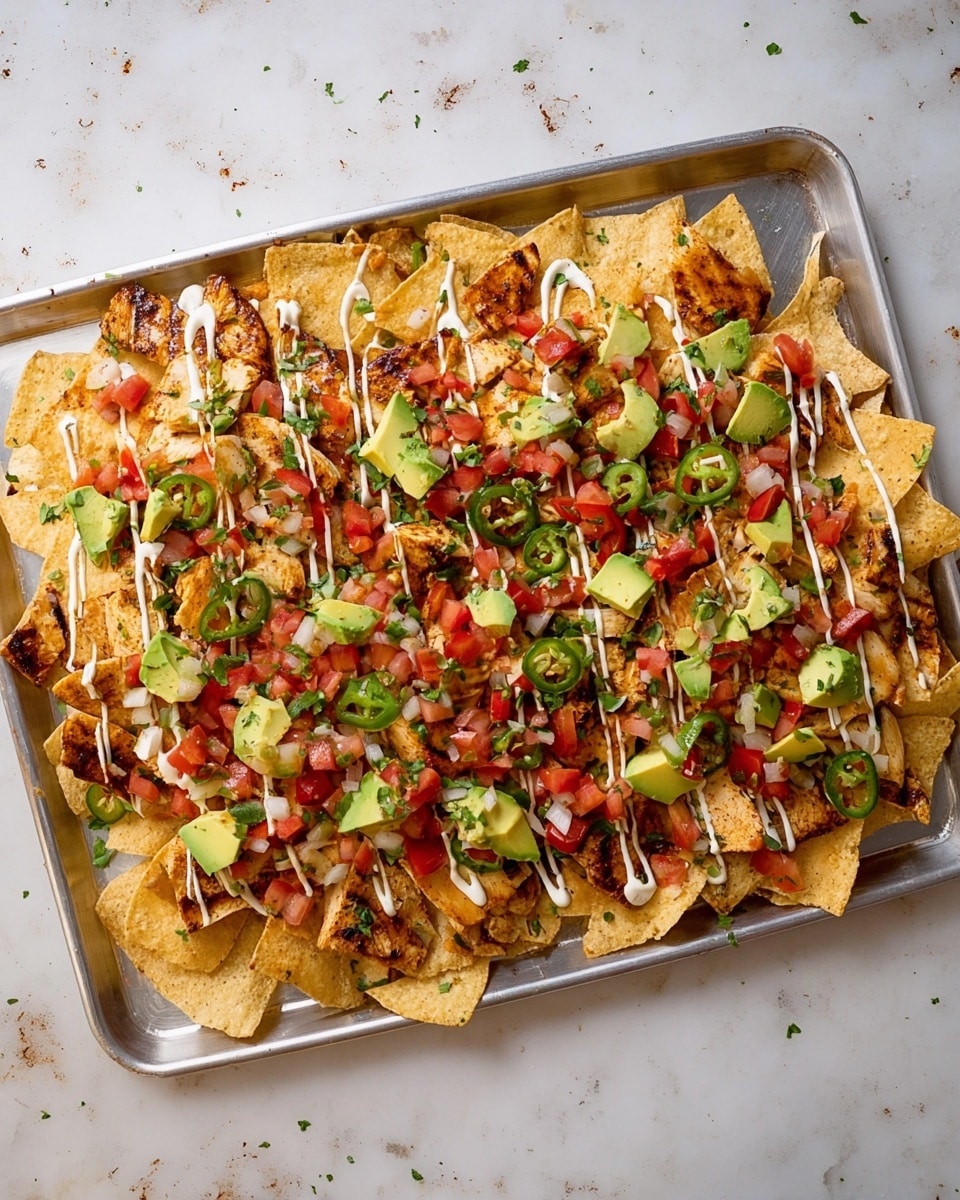 A large silver tray filled with a single layer of light brown tortilla chips, topped with grilled chicken pieces that are golden brown with some char marks. Scattered evenly on top are bright red diced tomatoes mixed with finely chopped onions and green herbs, along with green avocado slices and sliced jalapeños. There are thin white lines of sauce drizzled diagonally across the whole dish. The tray sits on a white marbled surface with a few small bits of herbs around it. photo taken with an iphone --ar 4:5 --v 7