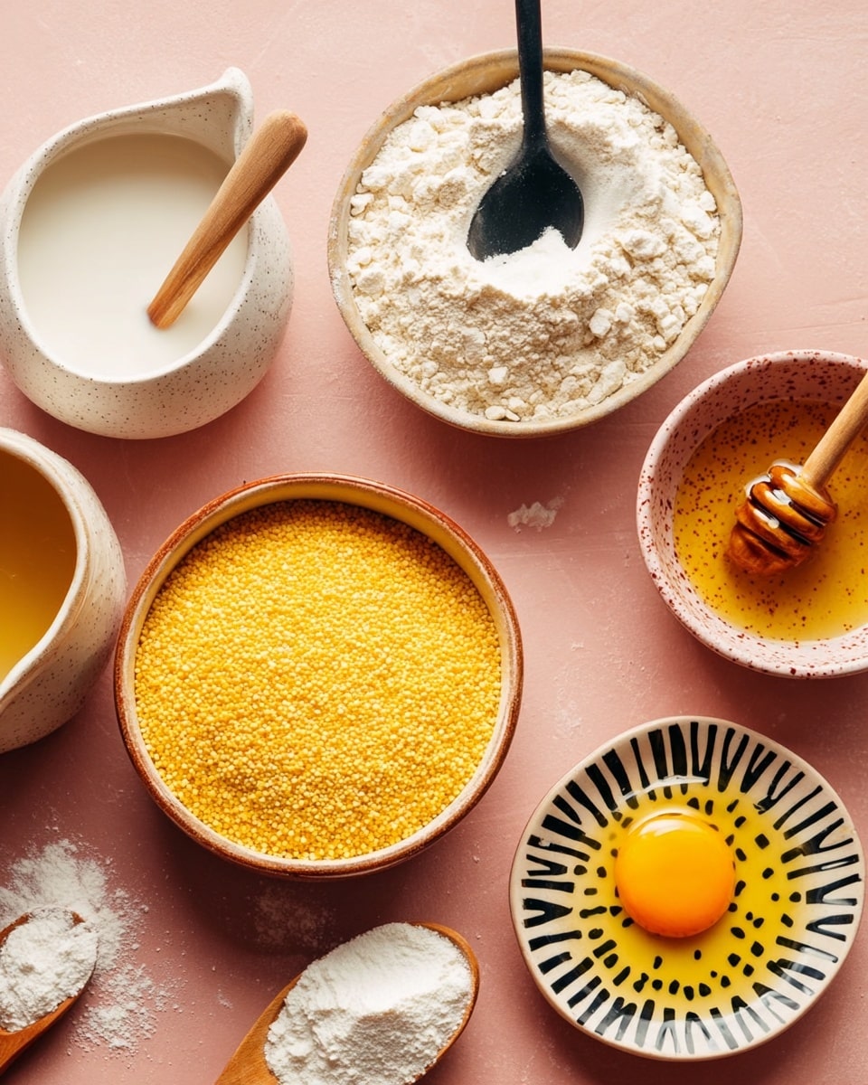 The image shows several white bowls and a small white jug placed on a soft pink surface. One bowl is filled with fine white flour with a black spoon resting inside. Another bowl holds bright yellow cornmeal with a slightly coarse texture. A small jug contains white milk, and another bowl has golden honey with a wooden honey dipper resting on top, its stick extending out. There is a small bowl with a yellow yolk positioned on a patterned plate with black zigzag lines. Another container holds a golden liquid, likely oil, with black speckles on the outside. A wooden spoon with white powder, possibly baking powder, lies nearby. The overall setting feels warm and organized for baking preparation. photo taken with an iphone --ar 4:5 --v 7