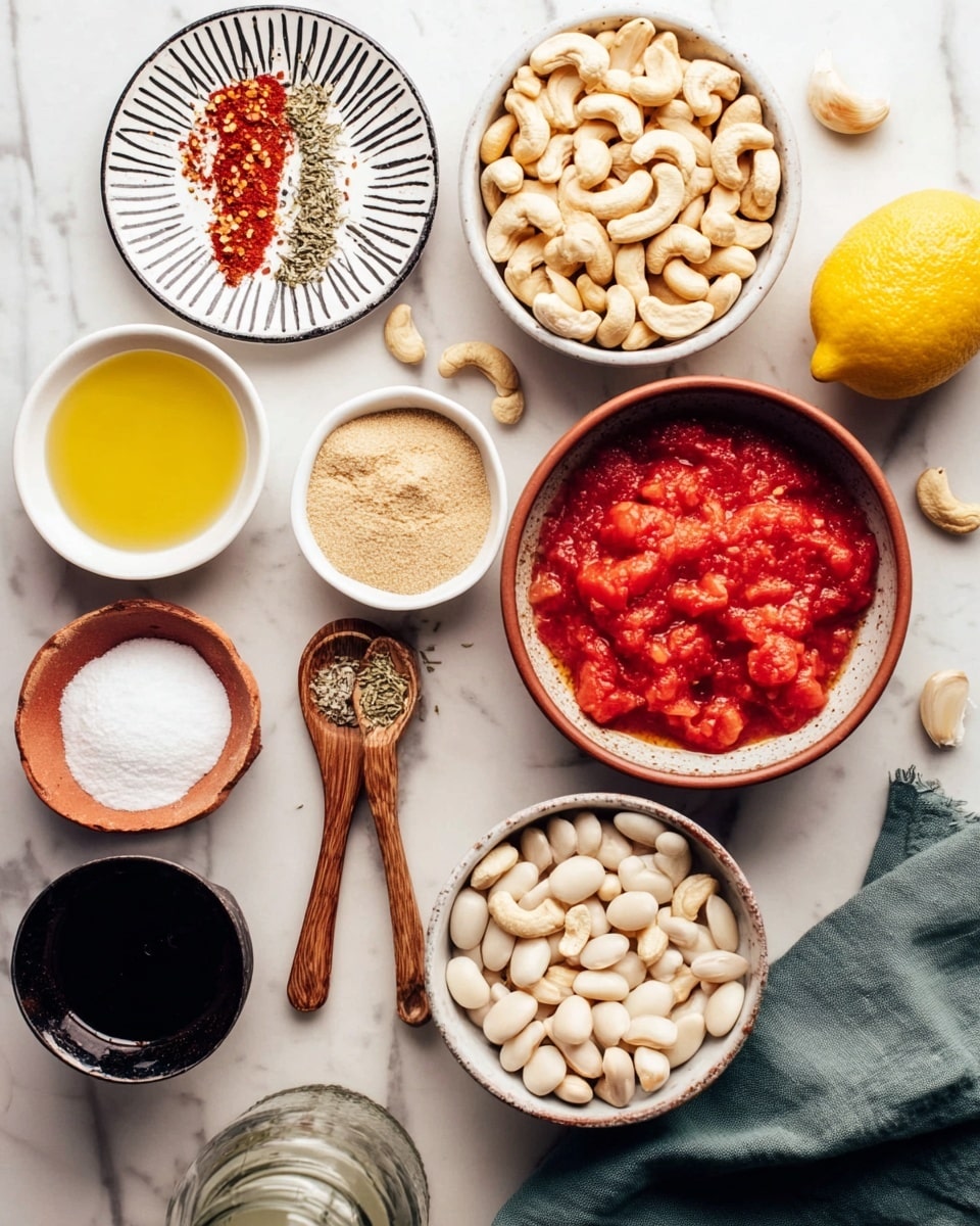 A top-down view of various ingredients arranged on a white marbled surface. There are eight containers: a white bowl filled with light beige cashew nuts at the top right, a white bowl with bright red crushed tomatoes below it, a reddish-brown bowl with pale beige powder near the center, a reddish-brown bowl filled with white beans at the bottom center, and a small white bowl with white starch at the bottom left. To the left of the beans, there is a small white bowl of yellow oil and a small dark cup with a black liquid. At the top left corner, there is a small white plate with black zigzag patterns holding two wooden spoons: one with red chili flakes and the other with dried green herbs, along with a small amount of salt and three cloves of garlic beside it. A yellow lemon half is placed near the middle left. A clear glass bottle is partially visible on the bottom right next to a dark green cloth. Photo taken with an iphone --ar 4:5 --v 7