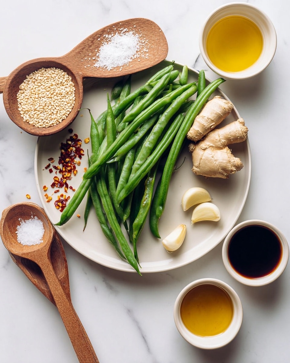 A white plate holds bright green beans arranged in a small pile on the right side, two peeled garlic cloves next to them, and two pieces of light brown ginger root beside the garlic. On the plate's left side, a wooden spoon with red chili flakes is resting, with some flakes spilled around. Another wooden spoon filled with white sesame seeds is placed above the plate, while a small spoon of white salt also sits near it. Around the plate, there are four small white bowls, each with different liquids: a yellow oil, a golden broth, a dark soy sauce, and a clear honey-like liquid. All items rest on a white marbled surface. Photo taken with an iphone --ar 4:5 --v 7