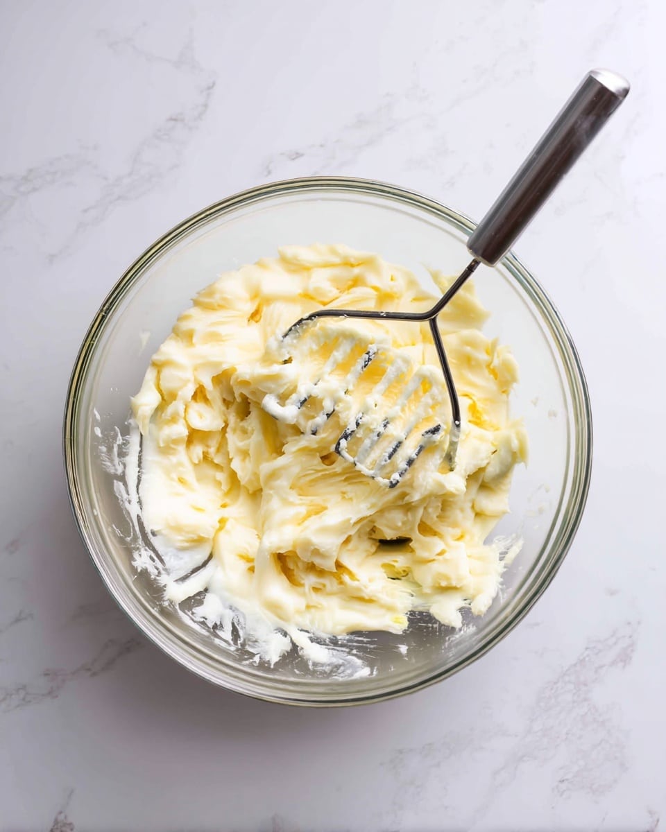 A clear glass bowl filled with a thick, creamy pale yellow mixture that looks smooth and soft. A metal potato masher is partially submerged in the mixture with its handle angled towards the top right, showing some texture in the mash. The bowl sits on a white marbled surface with small grey streaks. photo taken with an iphone --ar 4:5 --v 7