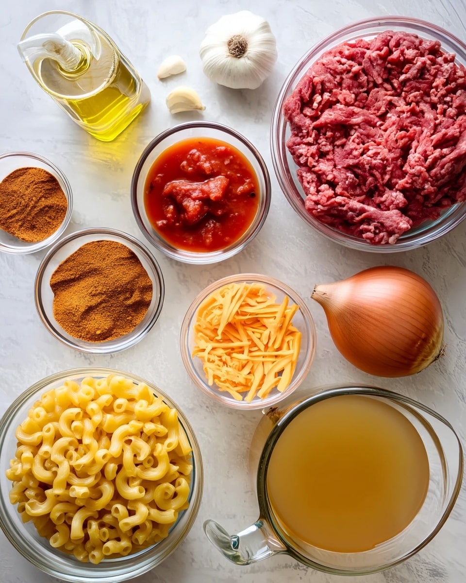 The image shows multiple clear glass bowls and a jar arranged on a white marbled surface. On the top right, a large bowl contains bright red ground meat. Next to it on the left are two garlic cloves, and a smaller bowl holds a rich red sauce. Below this sauce, there is a bowl of light brown powdered spice, and another bowl with a medium brown spice is to the left of the meat. Below the spices, an onion sits whole with light brown skin. A large bowl of uncooked elbow macaroni sits bottom left, with a bowl of shredded orange cheese nearby. A glass measuring cup filled with golden-yellow liquid broth is placed at the bottom right. In the top left corner, a bottle filled with yellow olive oil completes the arrangement. All items are clearly separated and neatly positioned. Photo taken with an iphone --ar 4:5 --v 7