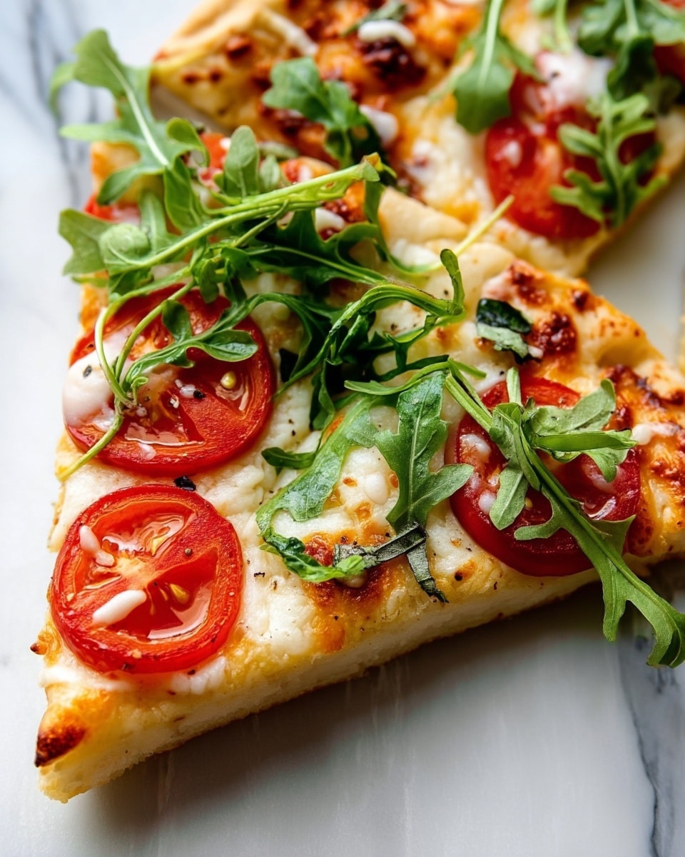A close-up of a pizza slice showing four layers: the bottom layer is a thick, golden-baked crust with a soft texture; above it is a layer of melted cheese with a creamy white color, slightly browned in spots; on top of the cheese are bright red tomato slices, fresh and juicy; the final layer consists of fresh green arugula leaves scattered across the pizza, adding vibrant green color and texture, all resting on a white marbled surface photo taken with an iphone --ar 4:5 --v 7