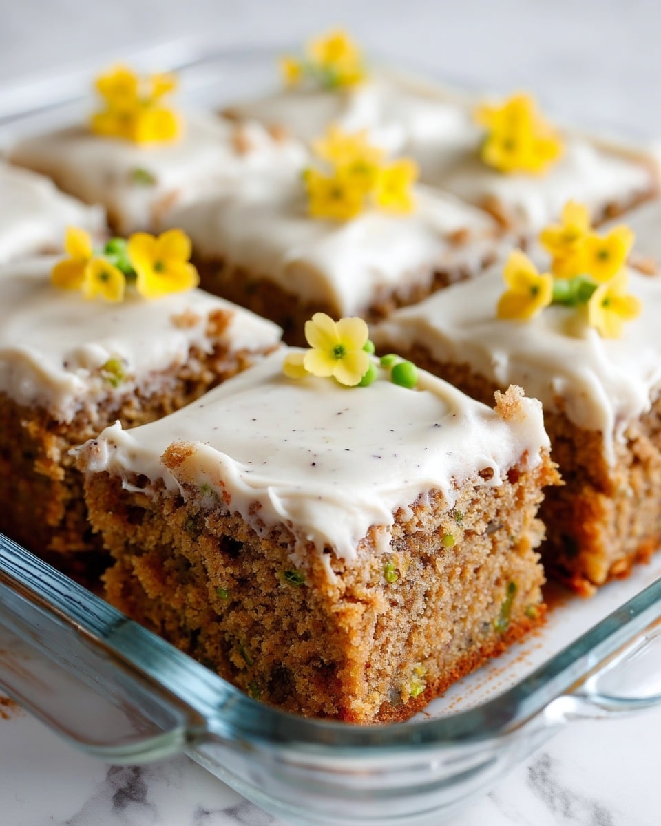 The image shows a square piece of moist, brown cake with visible texture from small green specks, topped with a thick layer of smooth, off-white frosting sprinkled with tiny dark specks. The cake is cut into square pieces and presented in a clear glass baking dish on a white marbled surface. A few small, bright yellow flowers are used as decoration on top of the frosting, adding a fresh and colorful touch. Photo taken with an iphone --ar 4:5 --v 7